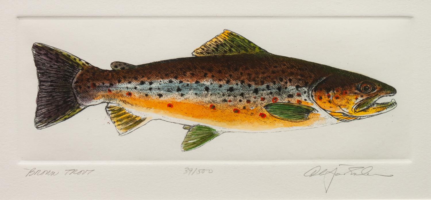 Two Copies, Dominique at Daybreak, editions 64/100 and 43/100; together with Brown Trout , edition 39/500, signed illegibly and Red Hen , edition 22/50, signed illegibly