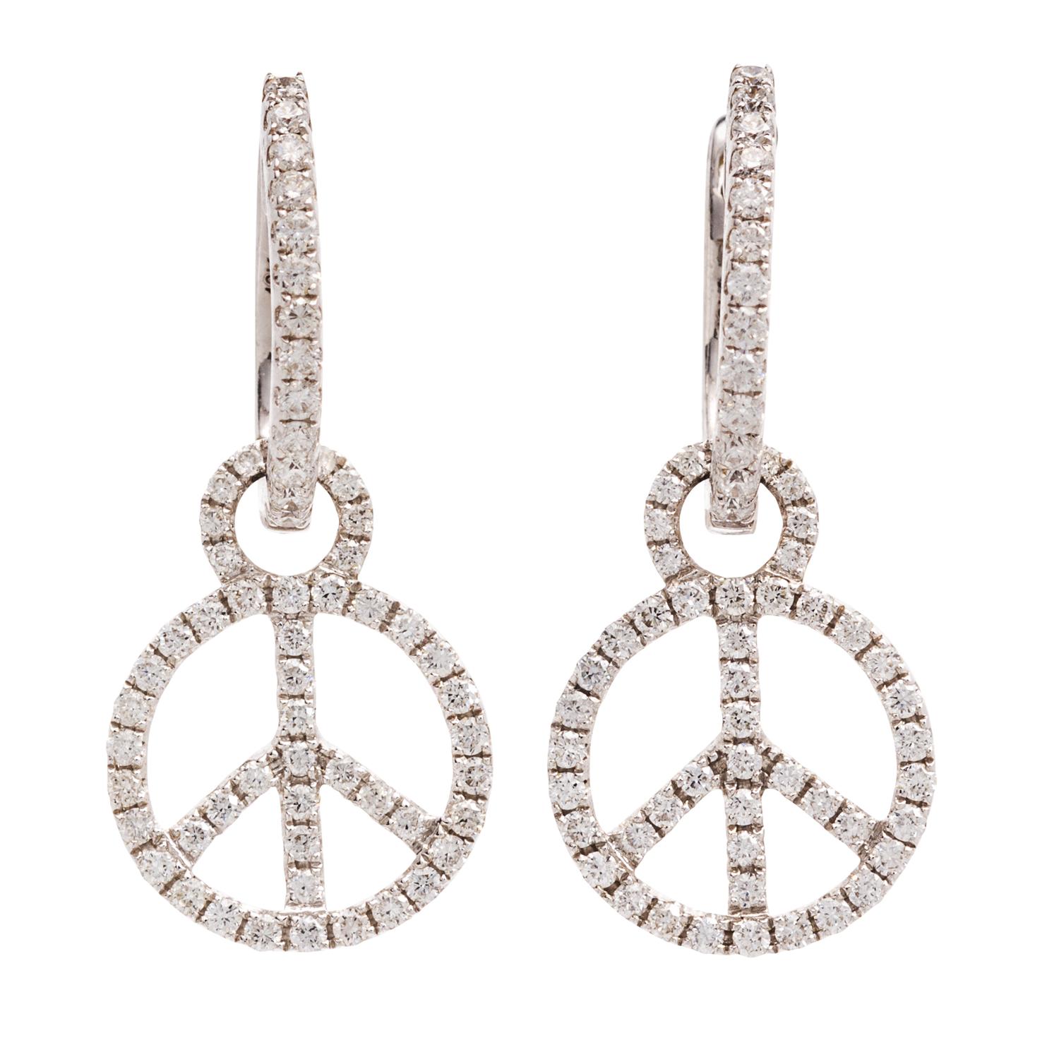 A Pair of 18 Karat White Gold and Diamond Peace Sign Motif Earrings, 2.40 dwts.