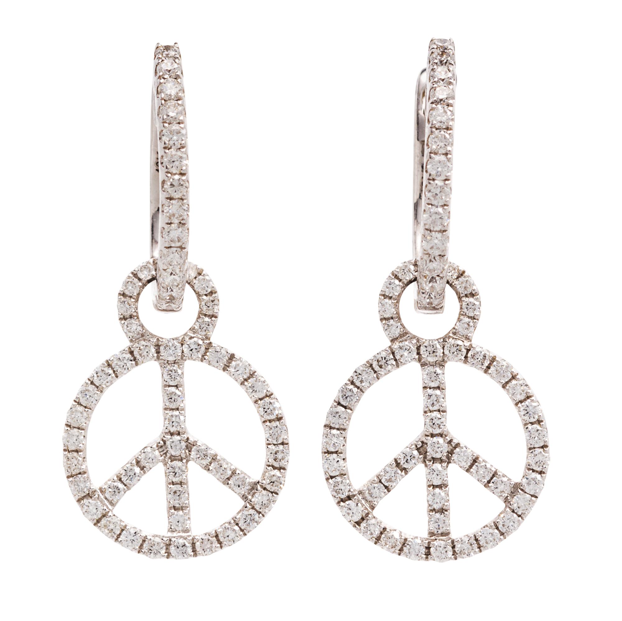 A Pair of 18 Karat White Gold and Diamond Peace Sign Motif Earrings, 2.40 dwts.