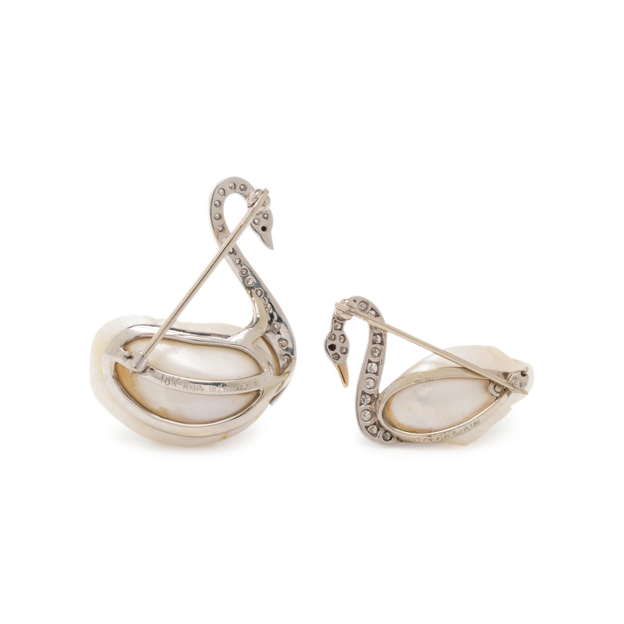 RUSER, PAIR OF DIAMOND AND CULTURED BAROQUE PEARL SWAN BROOCHES