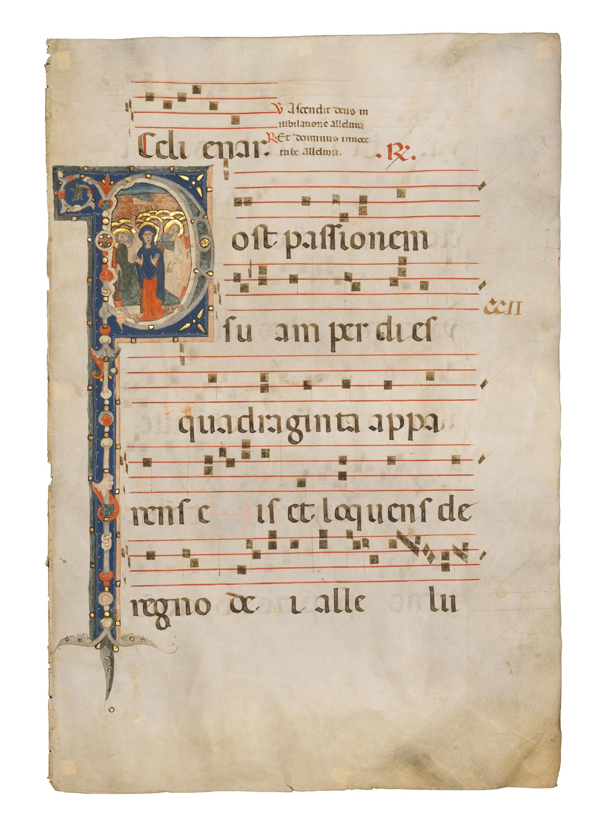 MASTER OF SANT’ALESSIO IN BIGIANO (active ca. 1275–1300) Leaf with a historiated initial ‘P’ of The Ascension from an Antiphonary, in Latin, illuminated manuscript on parchment [Florence, ca. 1280–1285]