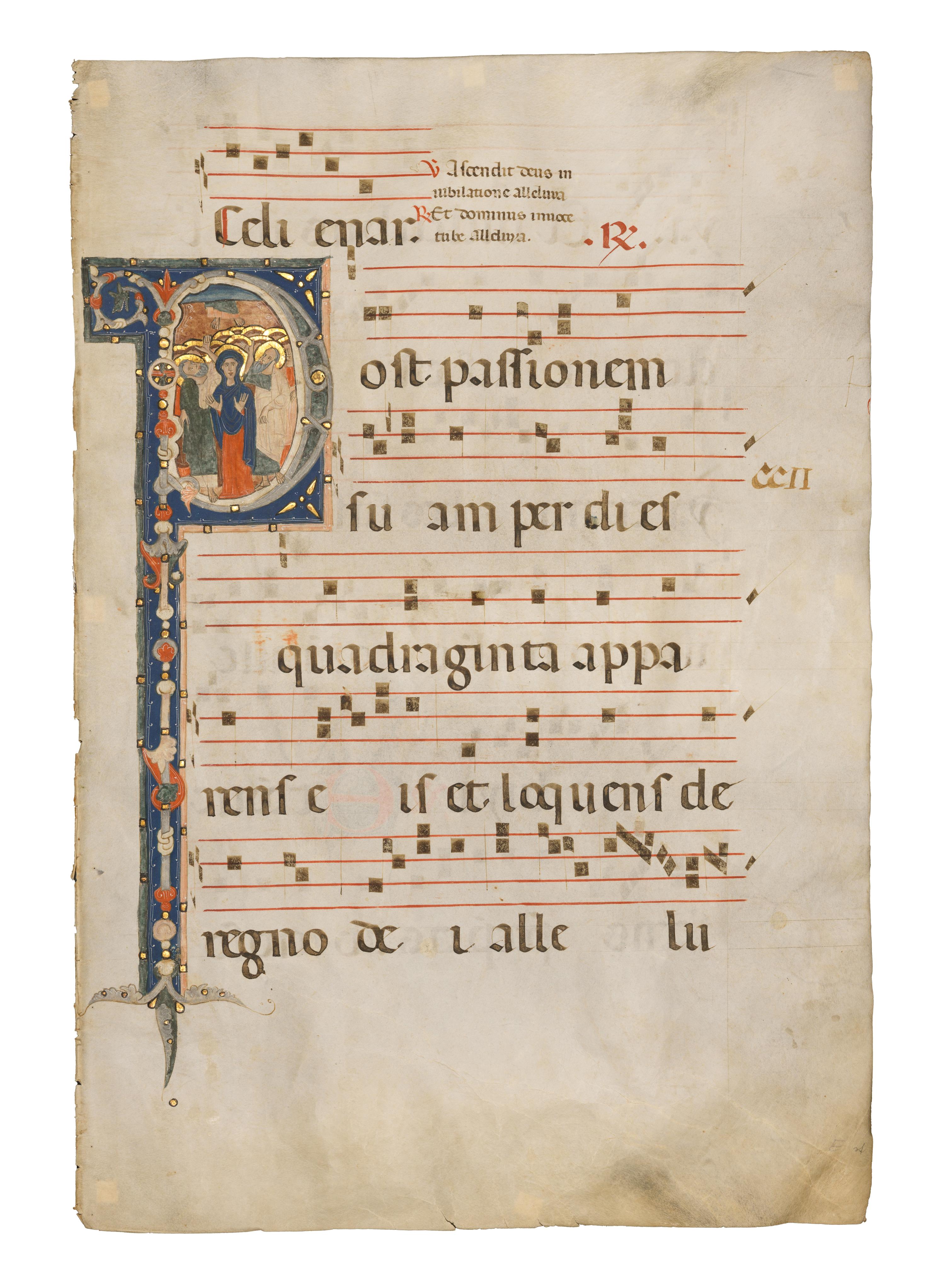 MASTER OF SANT’ALESSIO IN BIGIANO (active ca. 1275–1300) Leaf with a historiated initial ‘P’ of The Ascension from an Antiphonary, in Latin, illuminated manuscript on parchment [Florence, ca. 1280–1285]