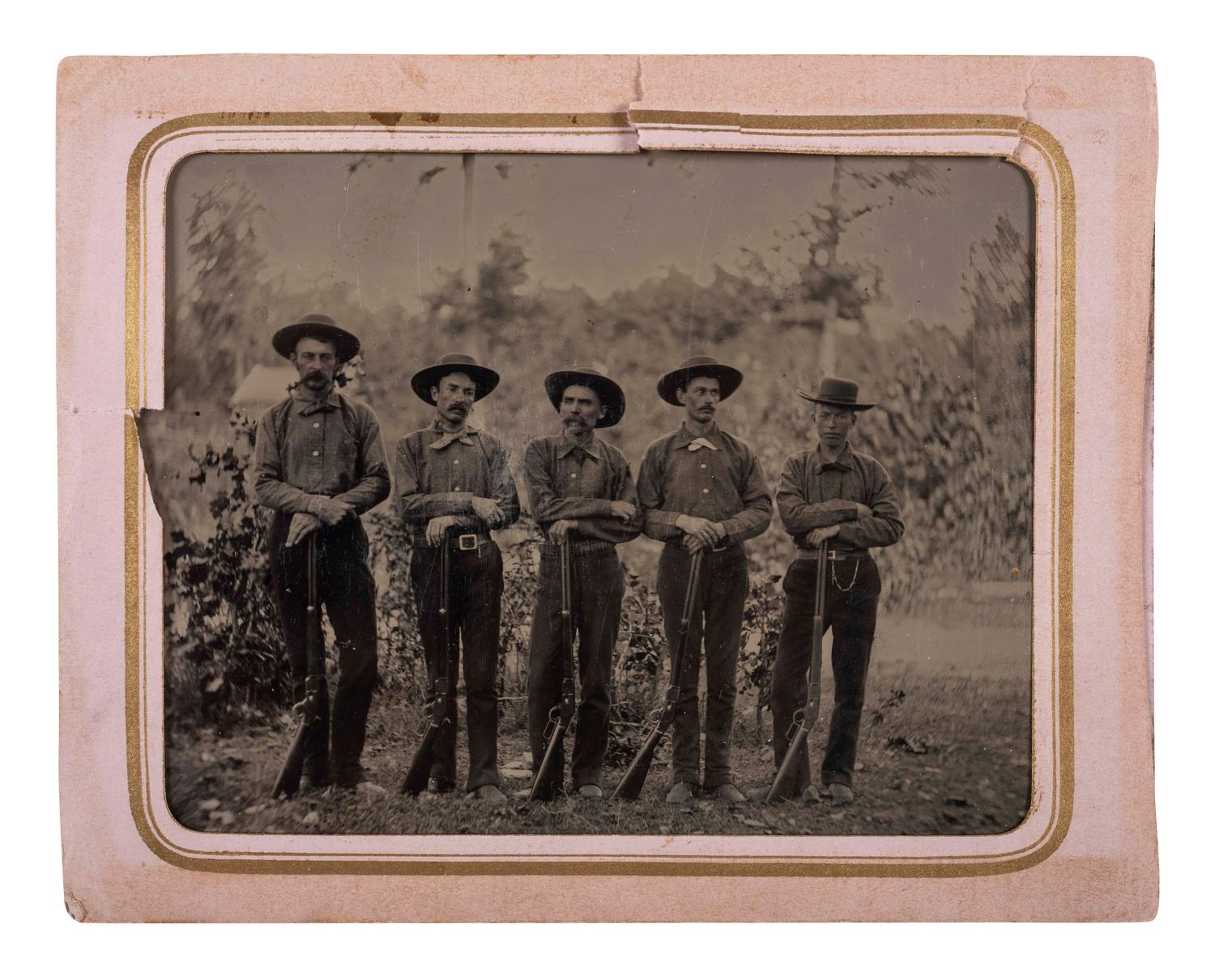 [WESTERN AMERICANA]. Quarter plate period-copy tintype of 5 men armed with Winchester rifles.