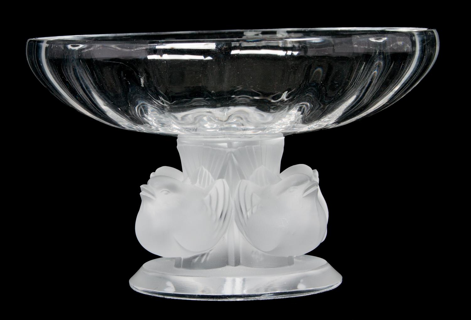 A Lalique Molded and Frosted Glass Compote Height 3 1/2 x width 5 1/2 inches.