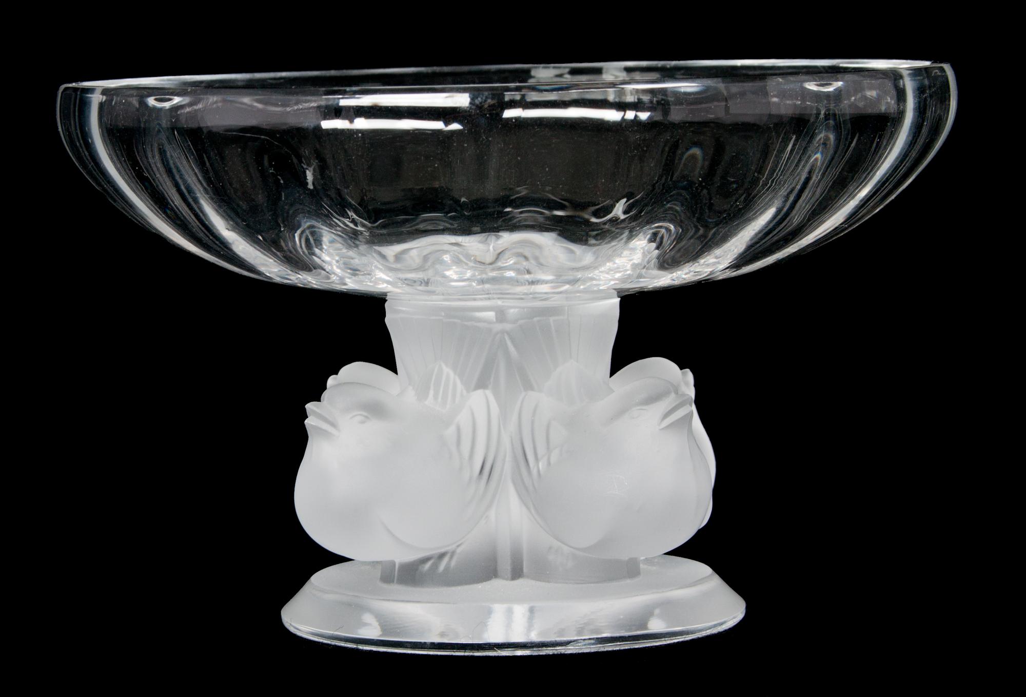 A Lalique Molded and Frosted Glass Compote Height 3 1/2 x width 5 1/2 inches.