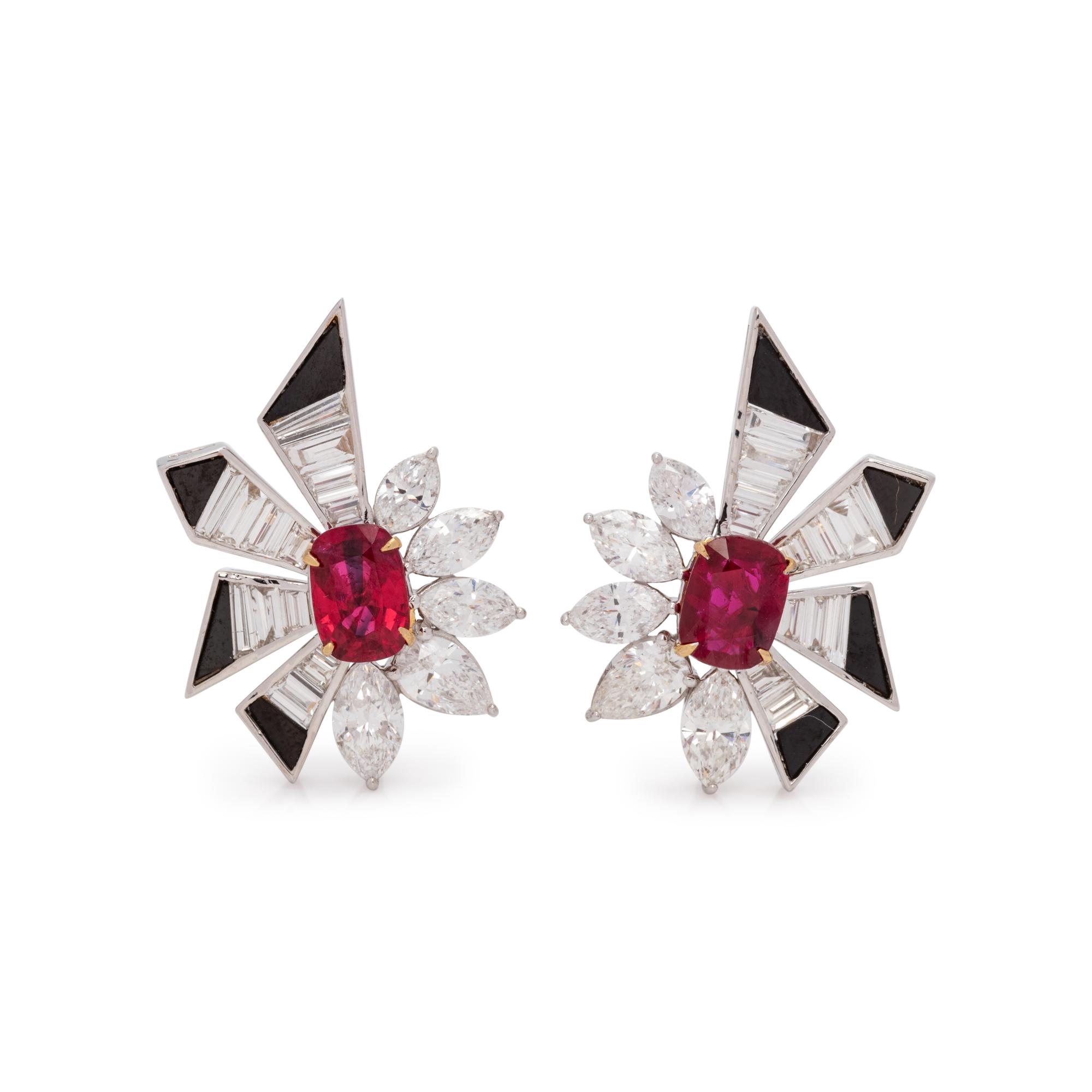 UNHEATED BURMESE RUBY, DIAMOND AND ONYX EARRINGS