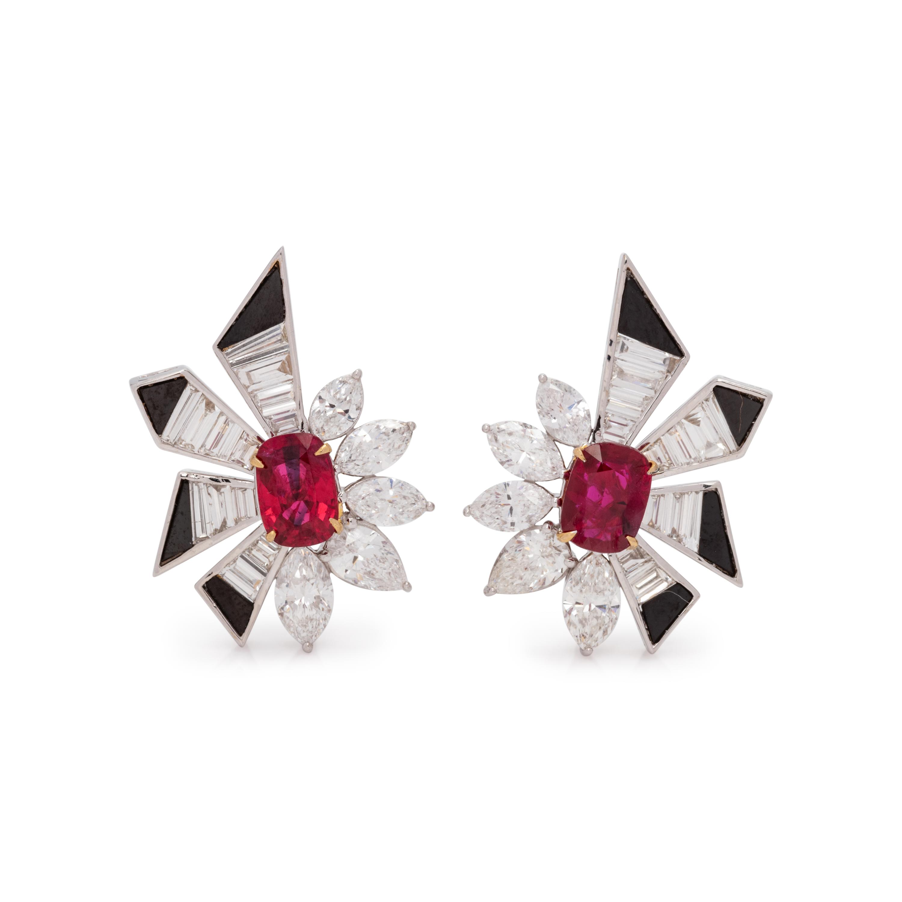 UNHEATED BURMESE RUBY, DIAMOND AND ONYX EARRINGS