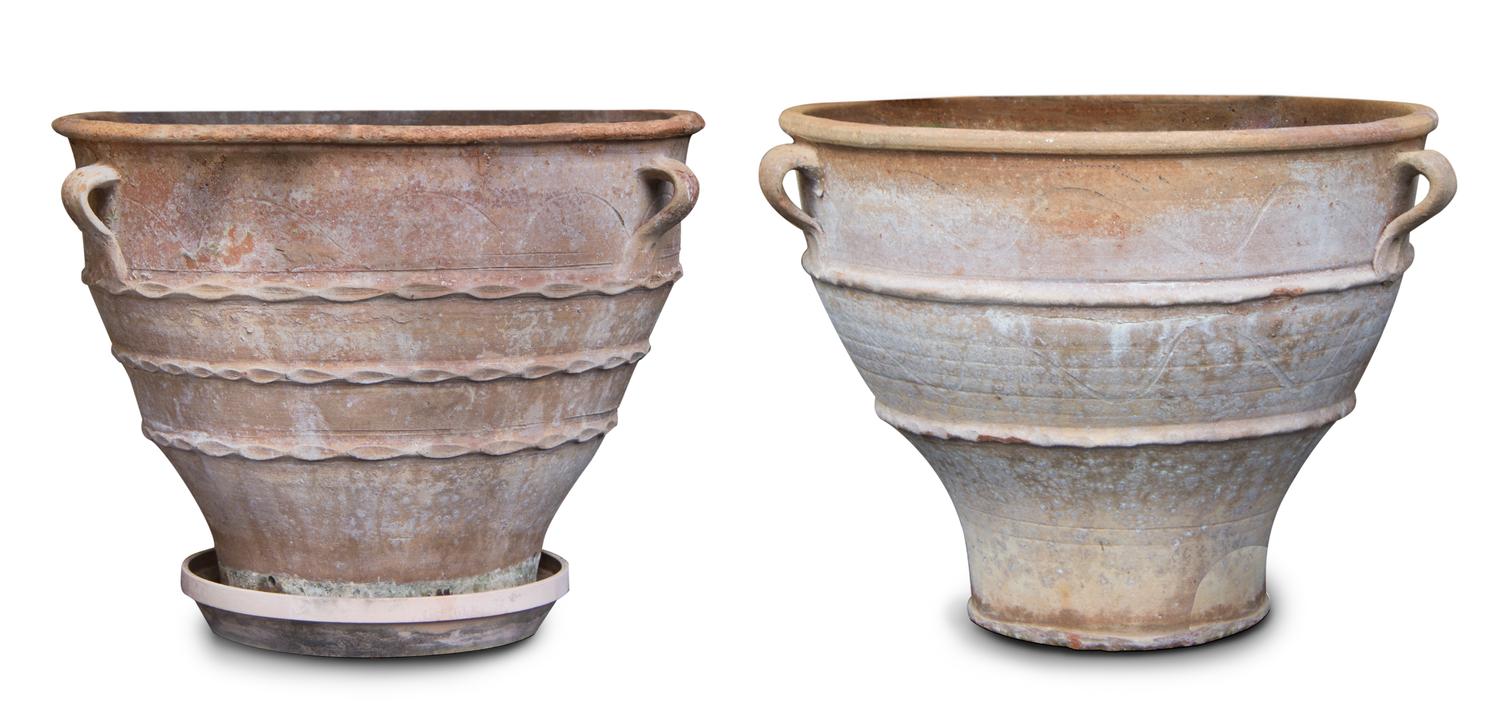 A Group of Five Terracotta Planters Largest, height 22 inches.
