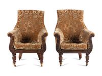 A Pair of William IV Carved Walnut Library Armchairs