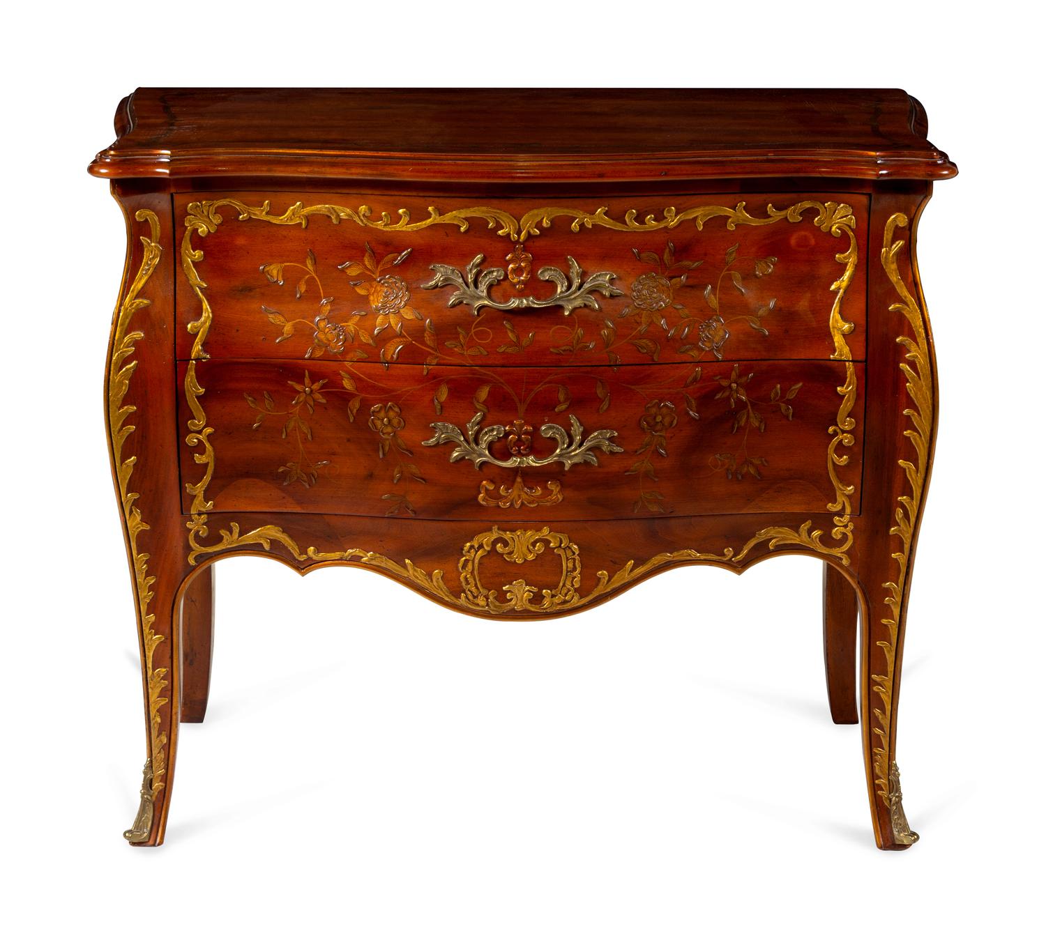 A Louis XV Style Parcel Gilt Bombe Commode