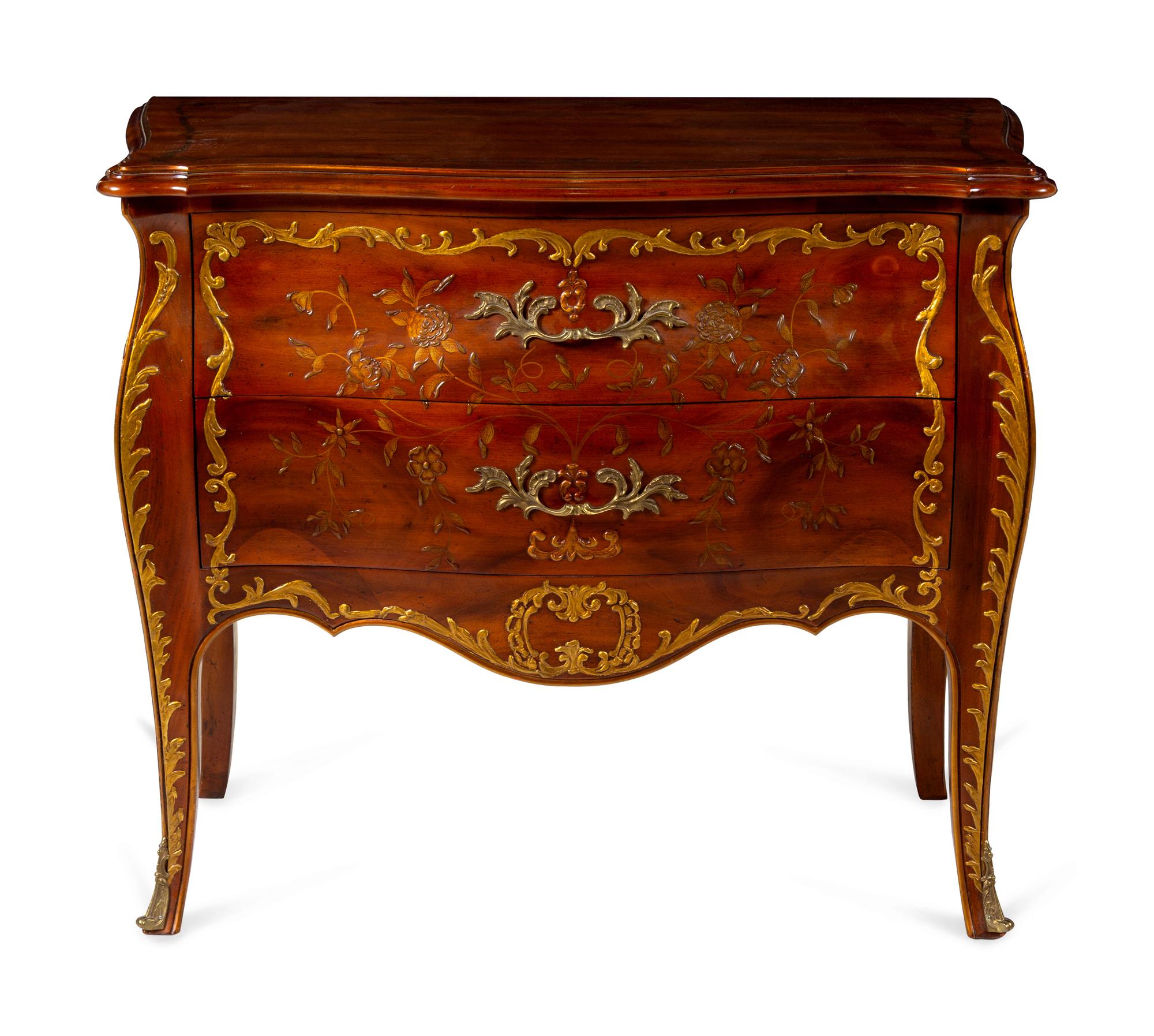 A Louis XV Style Parcel Gilt Bombe Commode