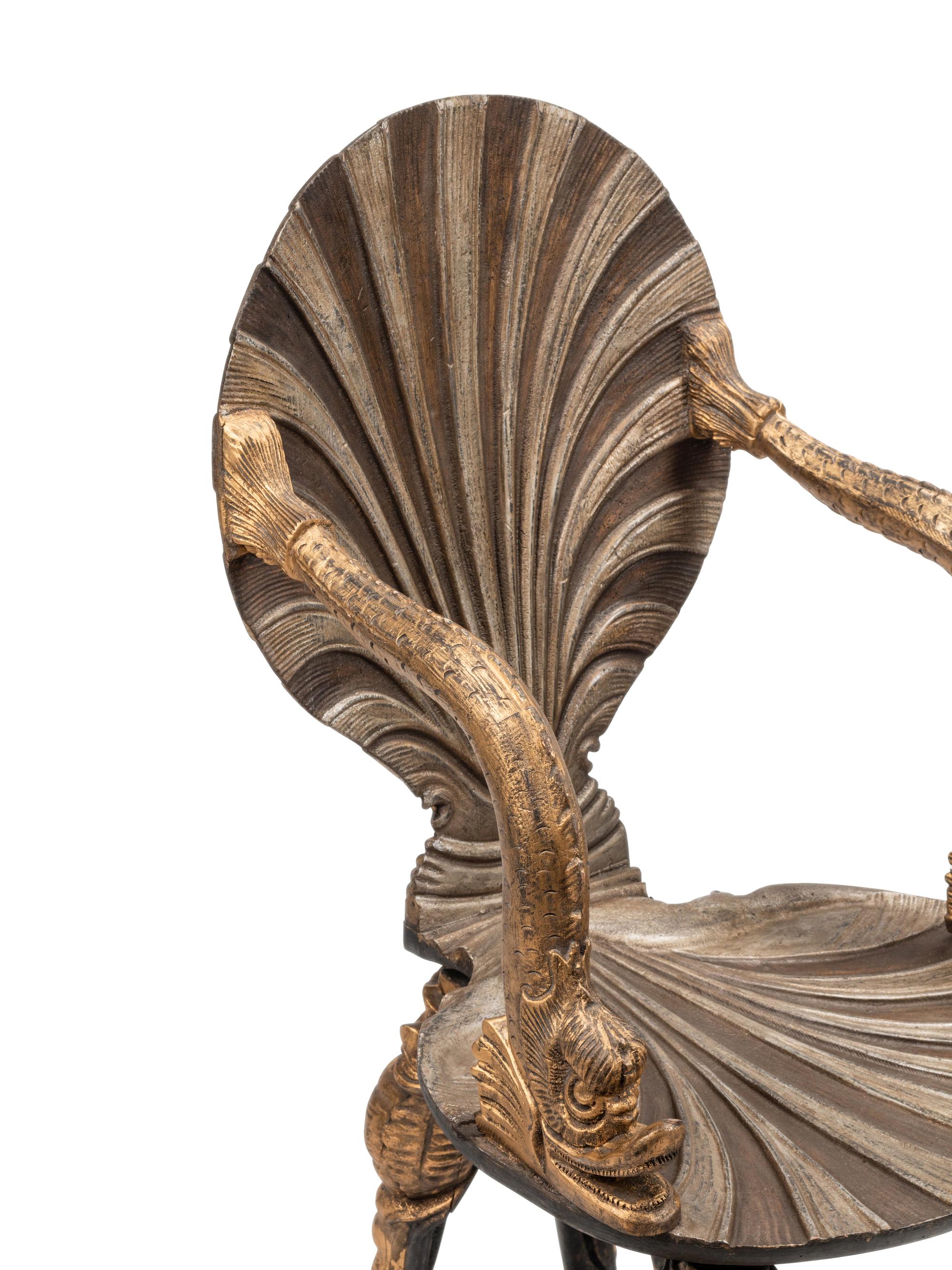 A Pair of Italian Grotto Style Gilt and Silvered Wood Armchairs