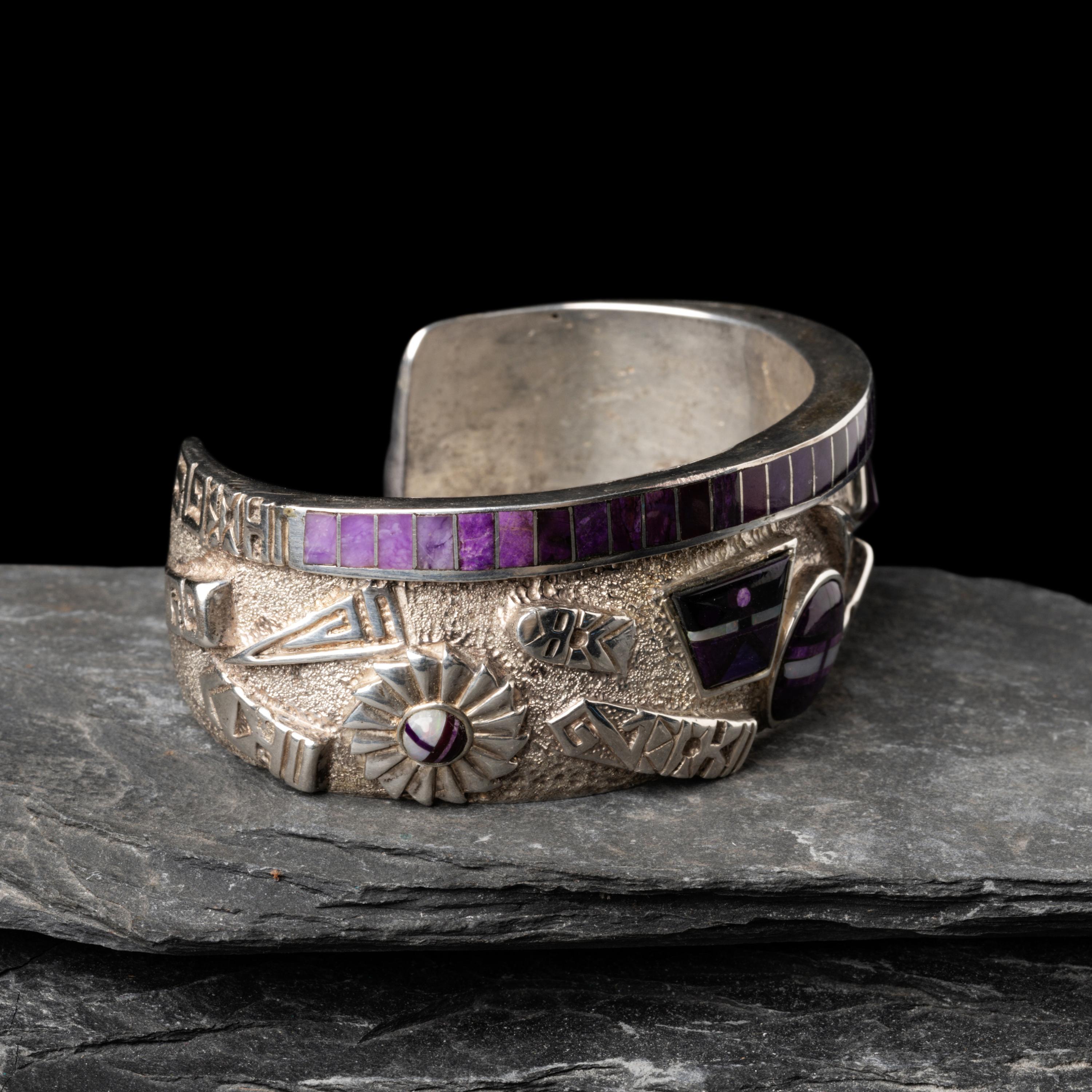 Andy Lee Kirk (Diné, 1947-2001) — Silver, Sugilite, and Opal Cuff Bracelet