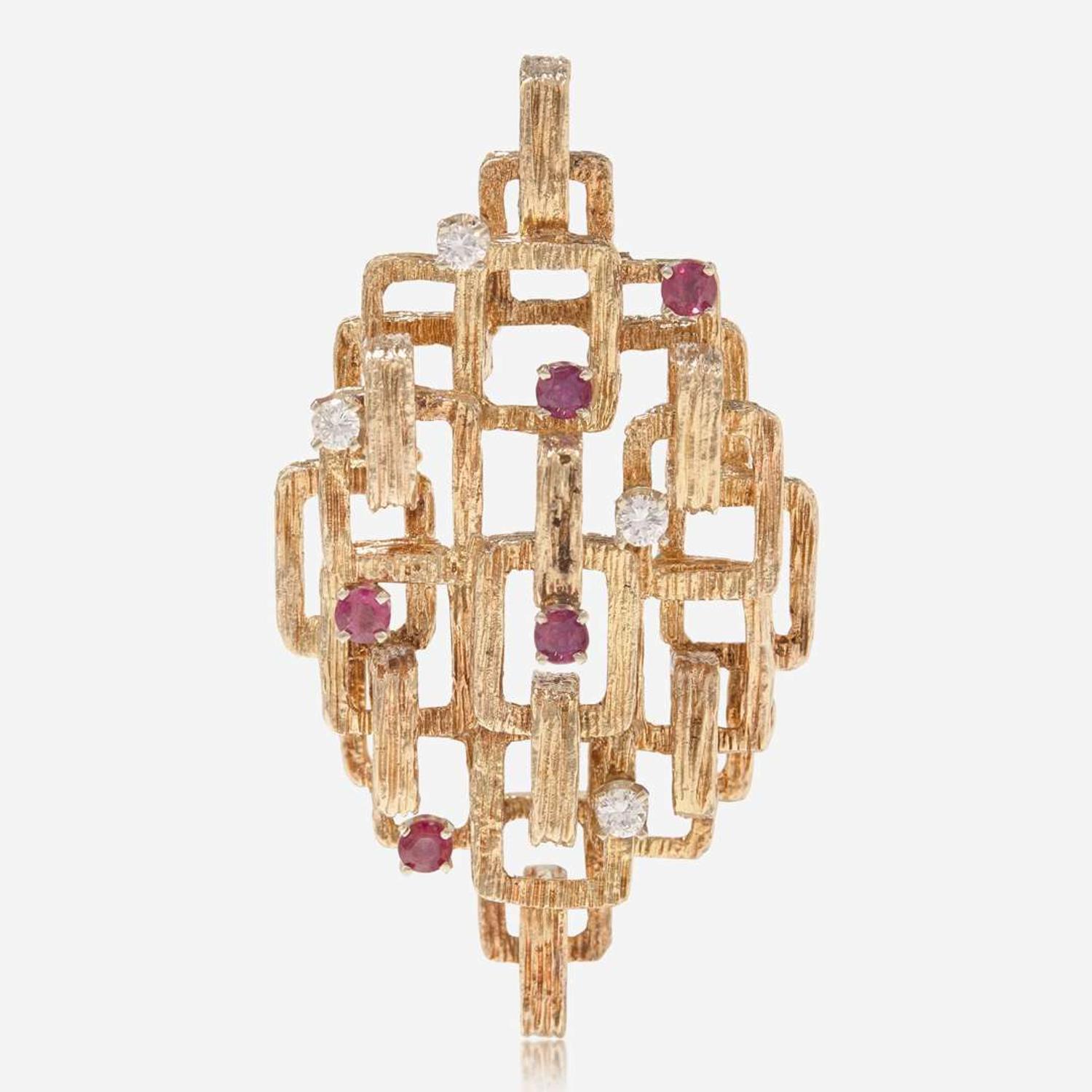 A Geometric 14K Yellow Gold, Diamond, and Ruby Brooch