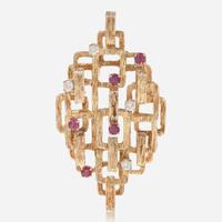 A Geometric 14K Yellow Gold, Diamond, and Ruby Brooch