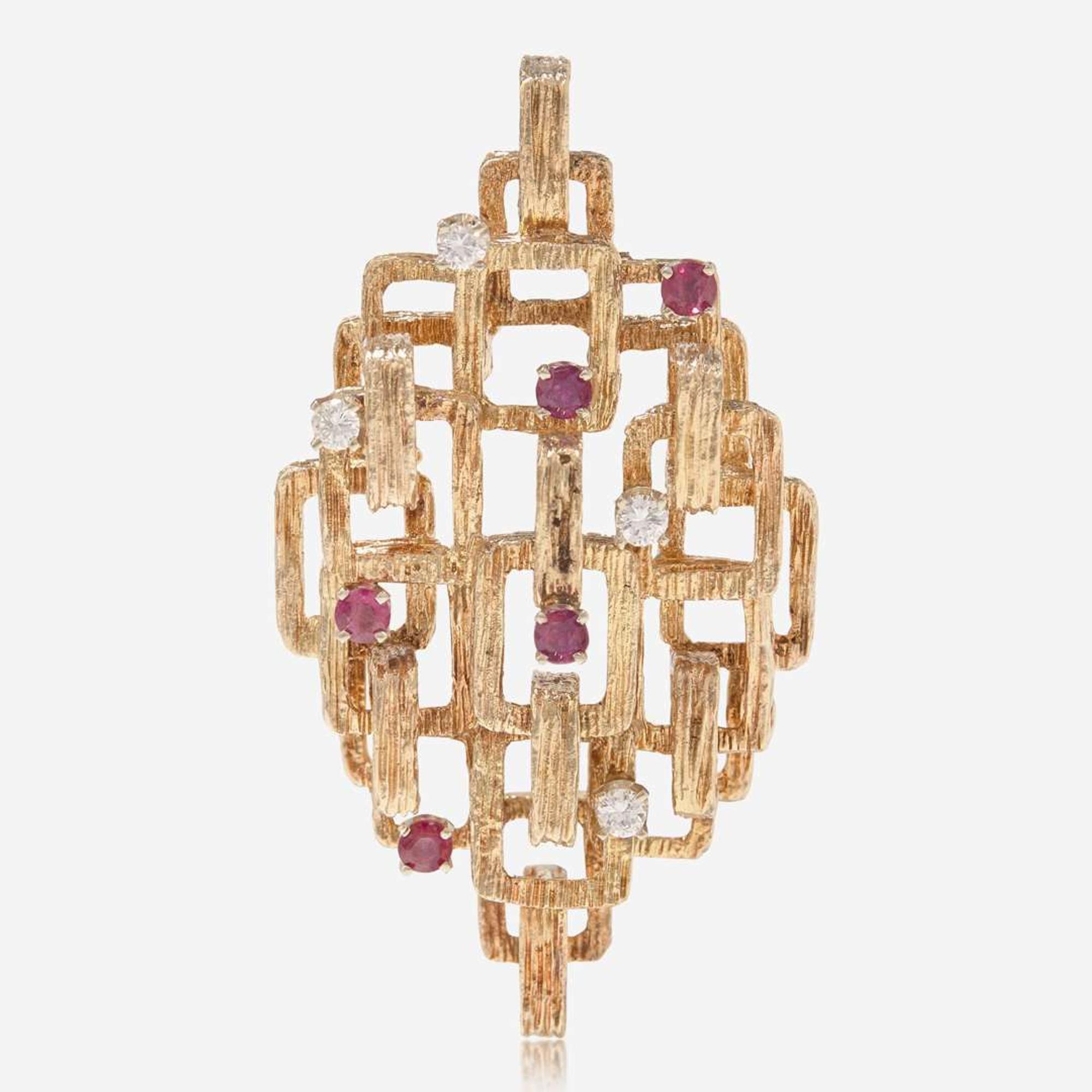 A Geometric 14K Yellow Gold, Diamond, and Ruby Brooch