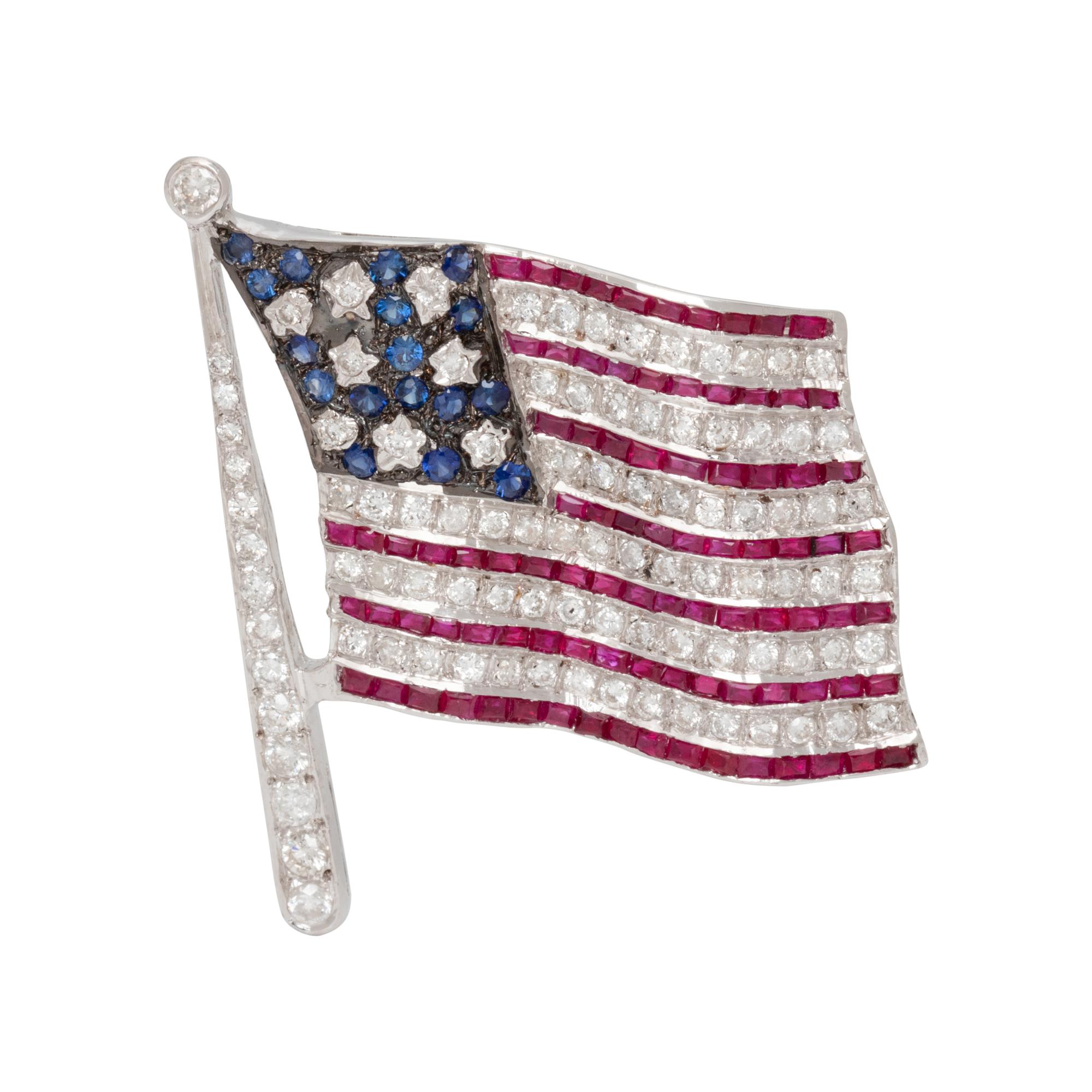 DIAMOND, RUBY AND SAPPHIRE FLAG BROOCH