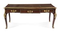 A Louis XV Style Gilt Bronze Mounted Mahogany Bureau Plat Height 29 1/2 x width 71 x depth 32 1/2 inches. — 19TH/20TH CENTURY
