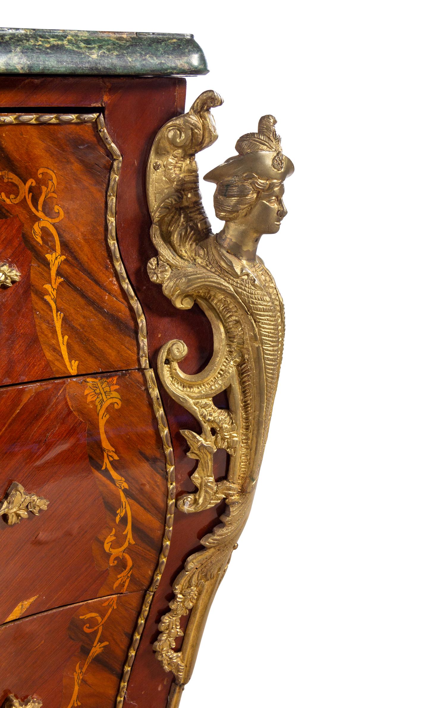 A Pair of Louis XV Style Gilt Metal Mounted Sans Traverse Inlaid Marble-Top Commodes