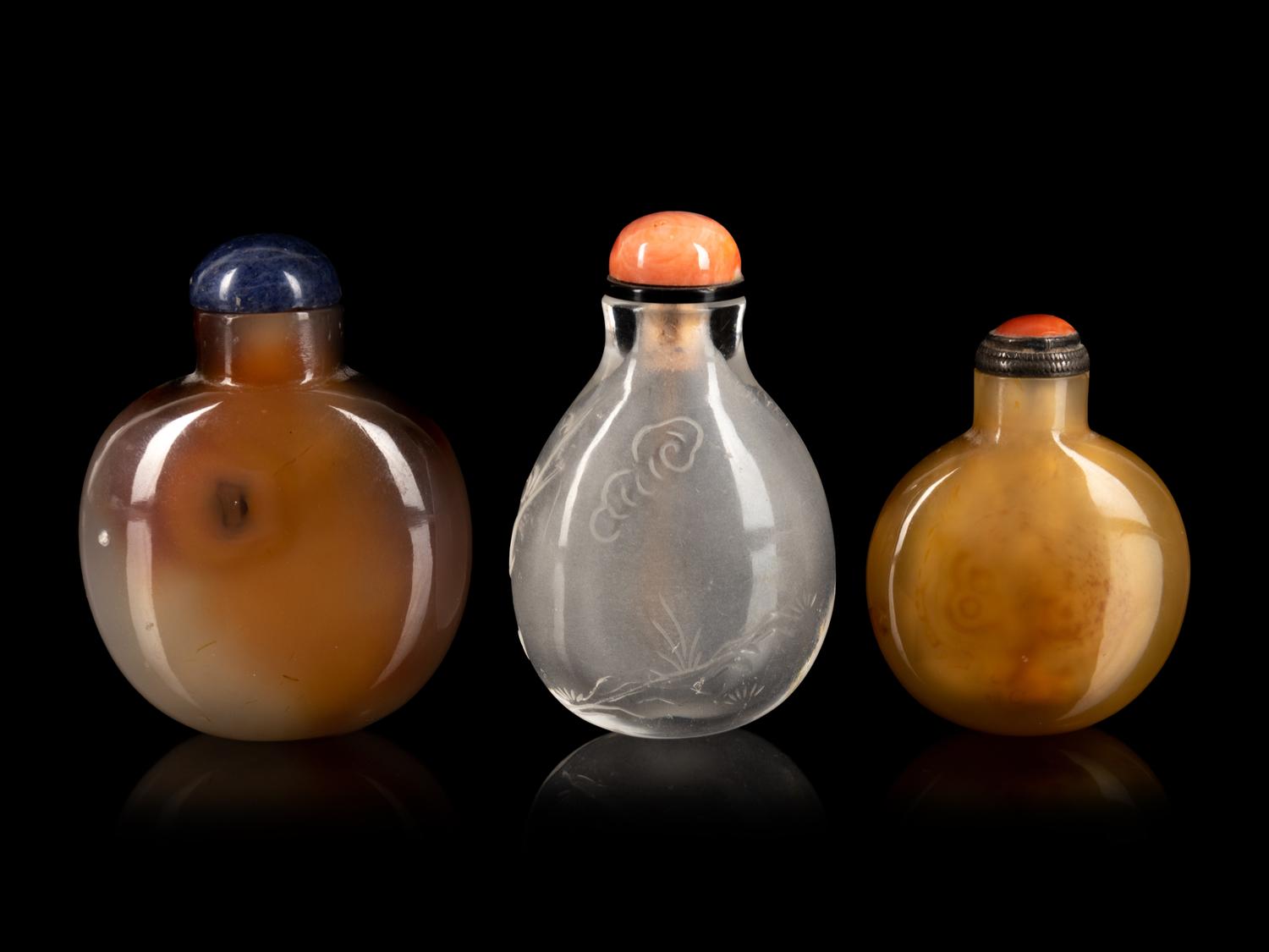 Three Chinese Hardstone Snuff Bottles