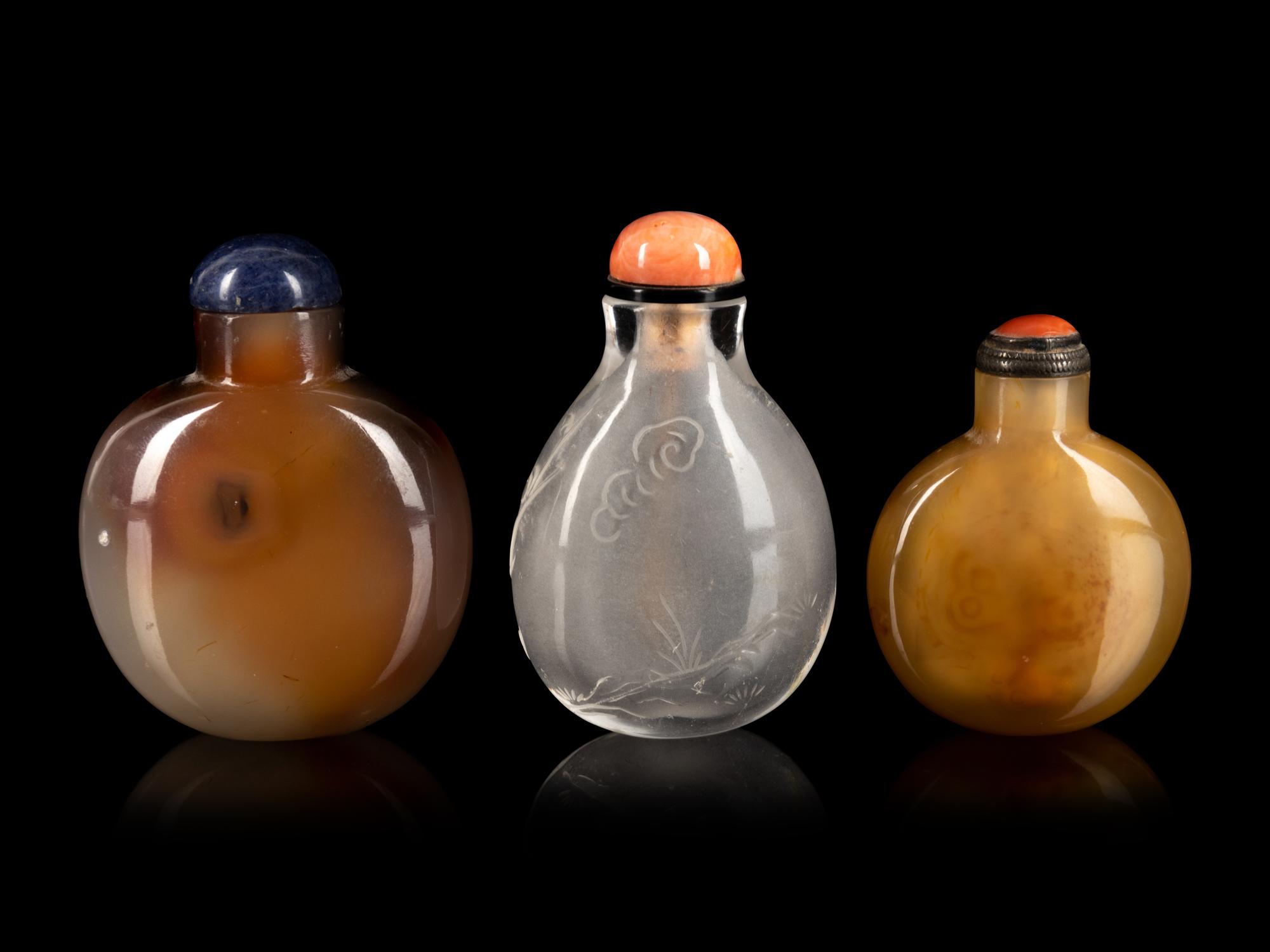 Three Chinese Hardstone Snuff Bottles