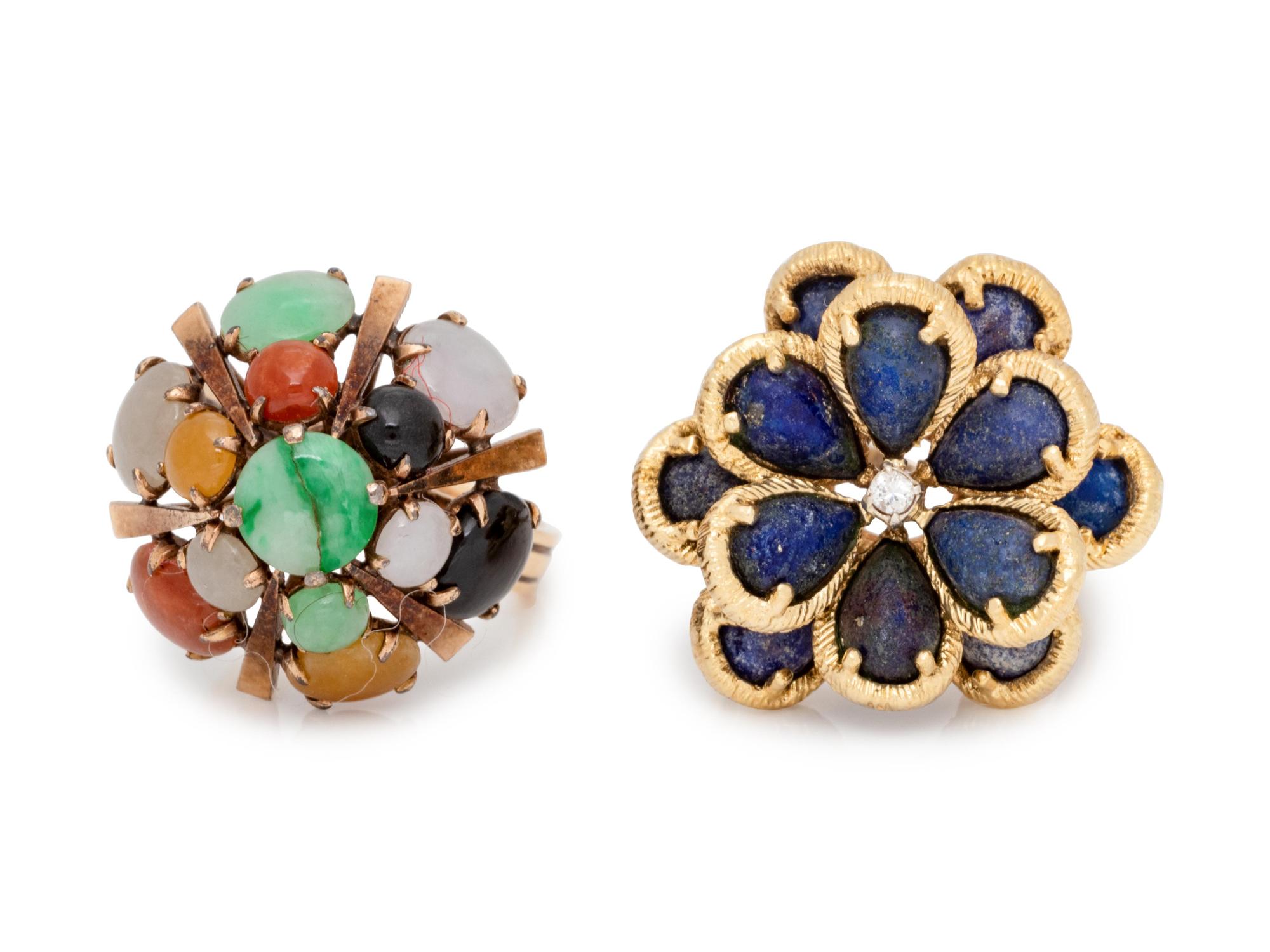A Collection of Yellow Gold and Hardstone Rings,