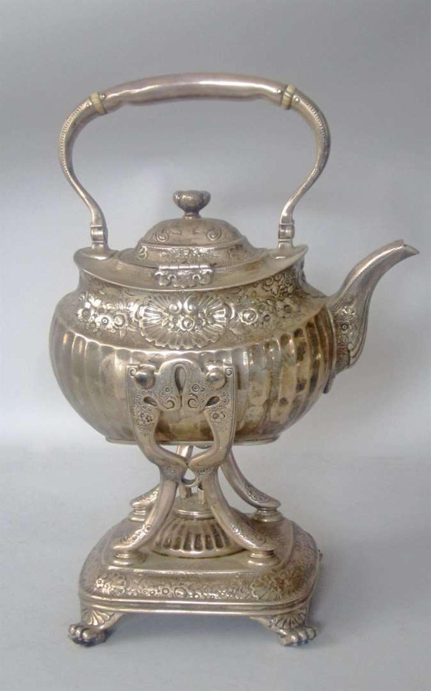 Sterling silver repoussé hot water kettle on stand tiffany & co., new york, ny, late 19th century