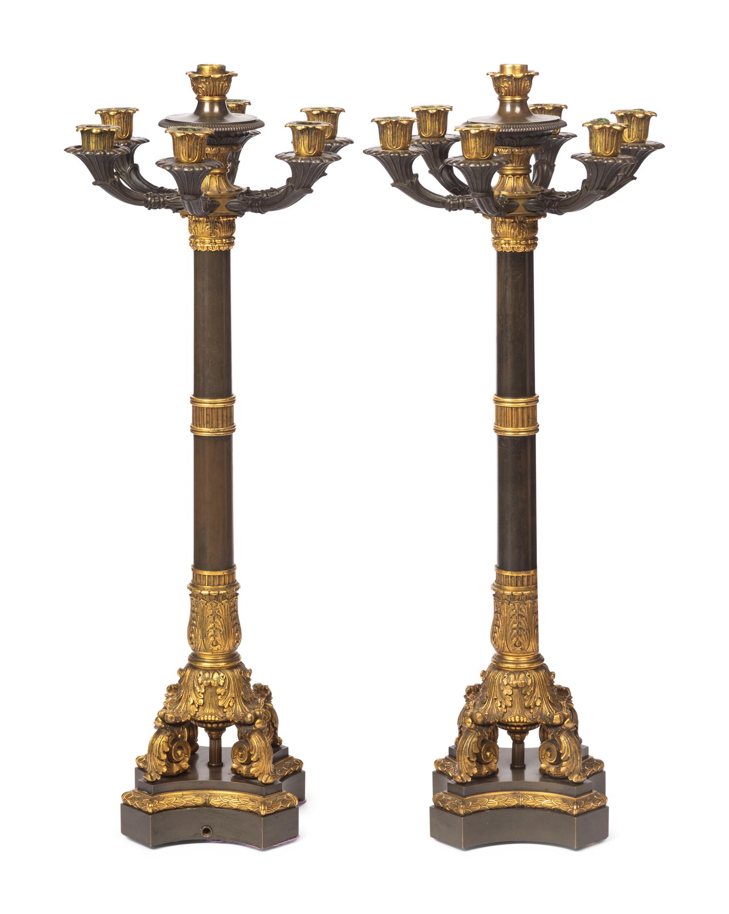 A Pair of French Neoclassical Gilt and Patinated Bronze Seven-Light Candelabra