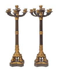 A Pair of French Neoclassical Gilt and Patinated Bronze Seven-Light Candelabra