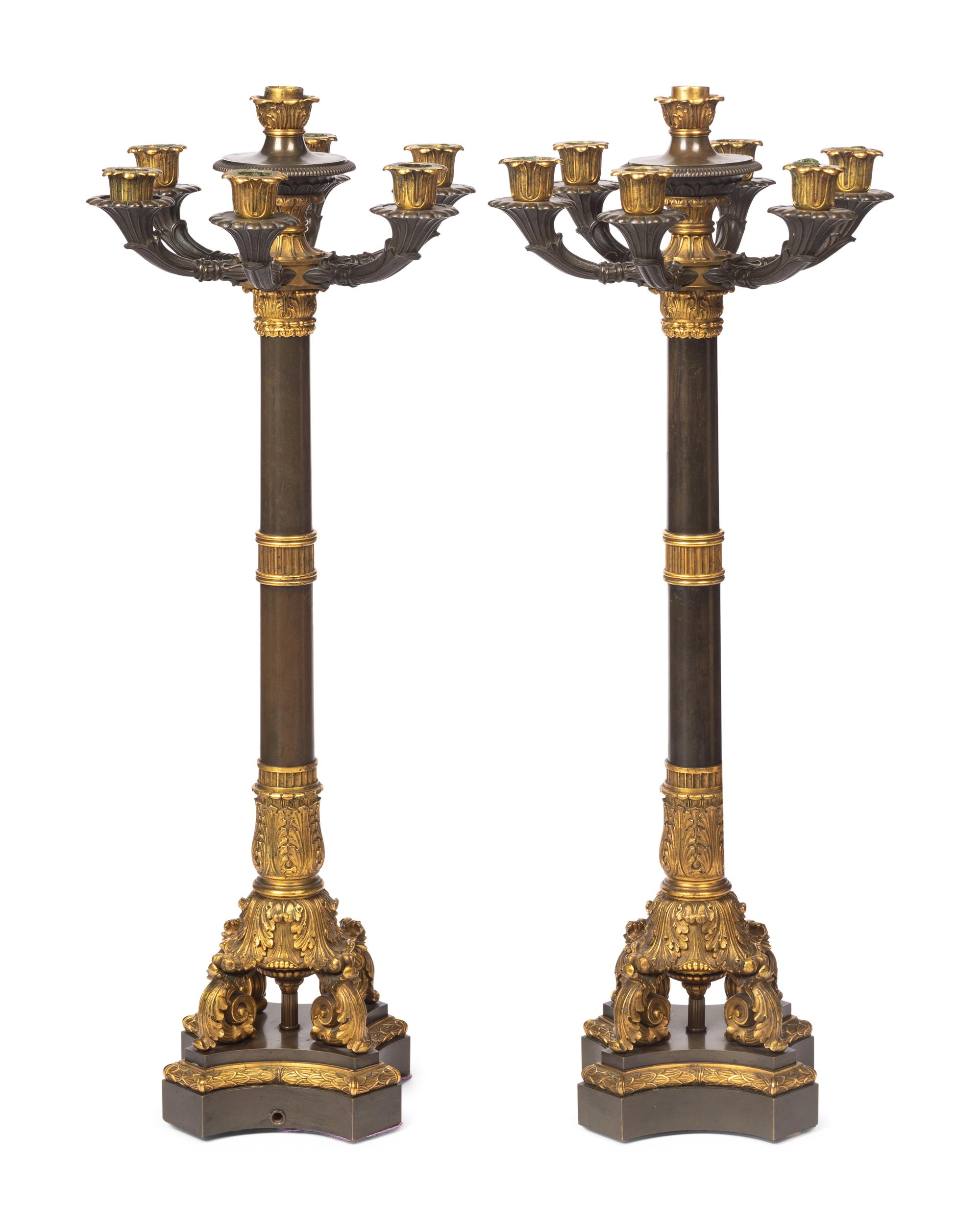 A Pair of French Neoclassical Gilt and Patinated Bronze Seven-Light Candelabra