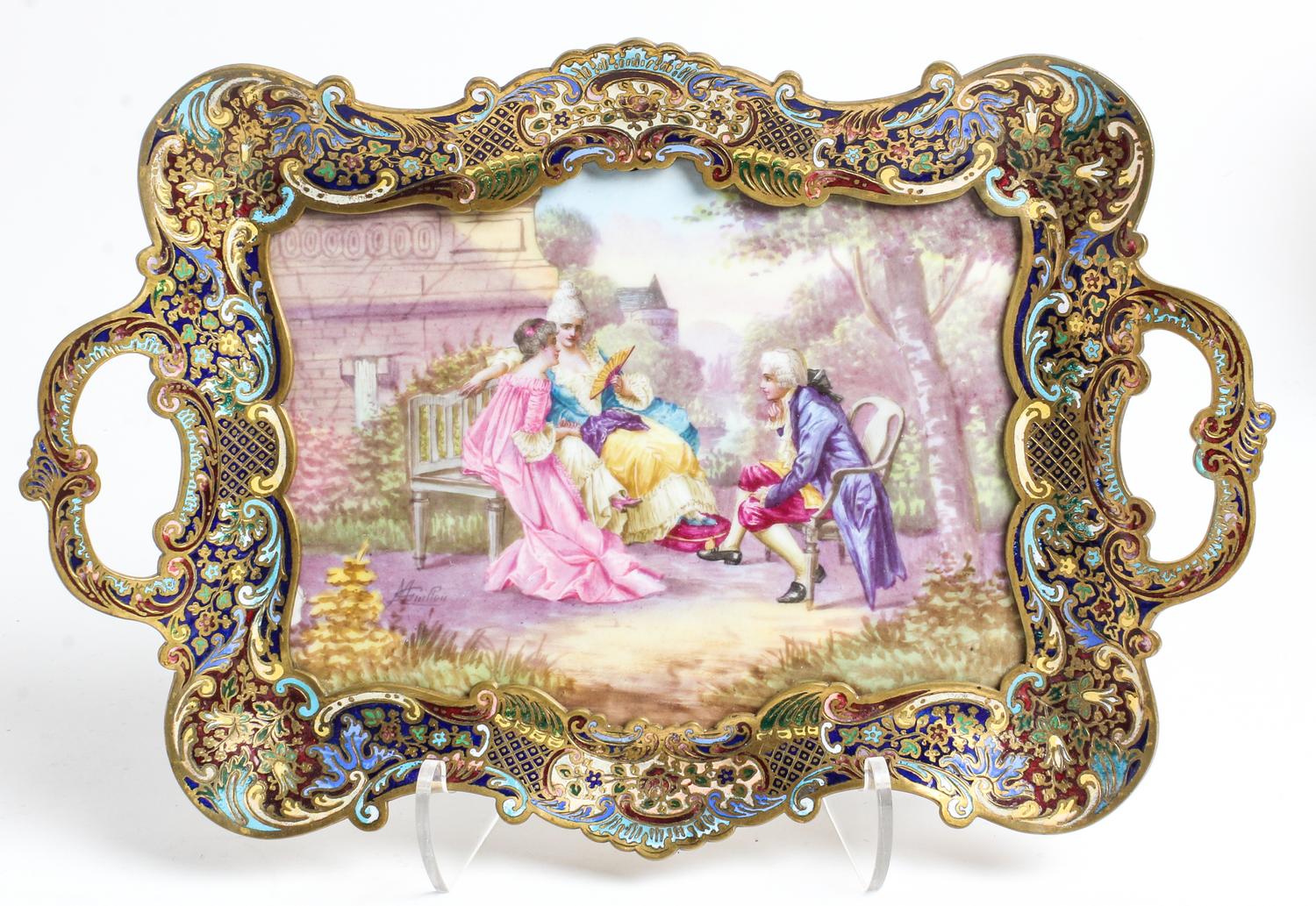 A Continental Painted Porcelain Inset Enameled Metal Tray Width 14 1/4 inches. — LATE 19TH/EARLY 20TH CENTURY
