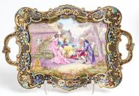 A Continental Painted Porcelain Inset Enameled Metal Tray Width 14 1/4 inches. — LATE 19TH/EARLY 20TH CENTURY