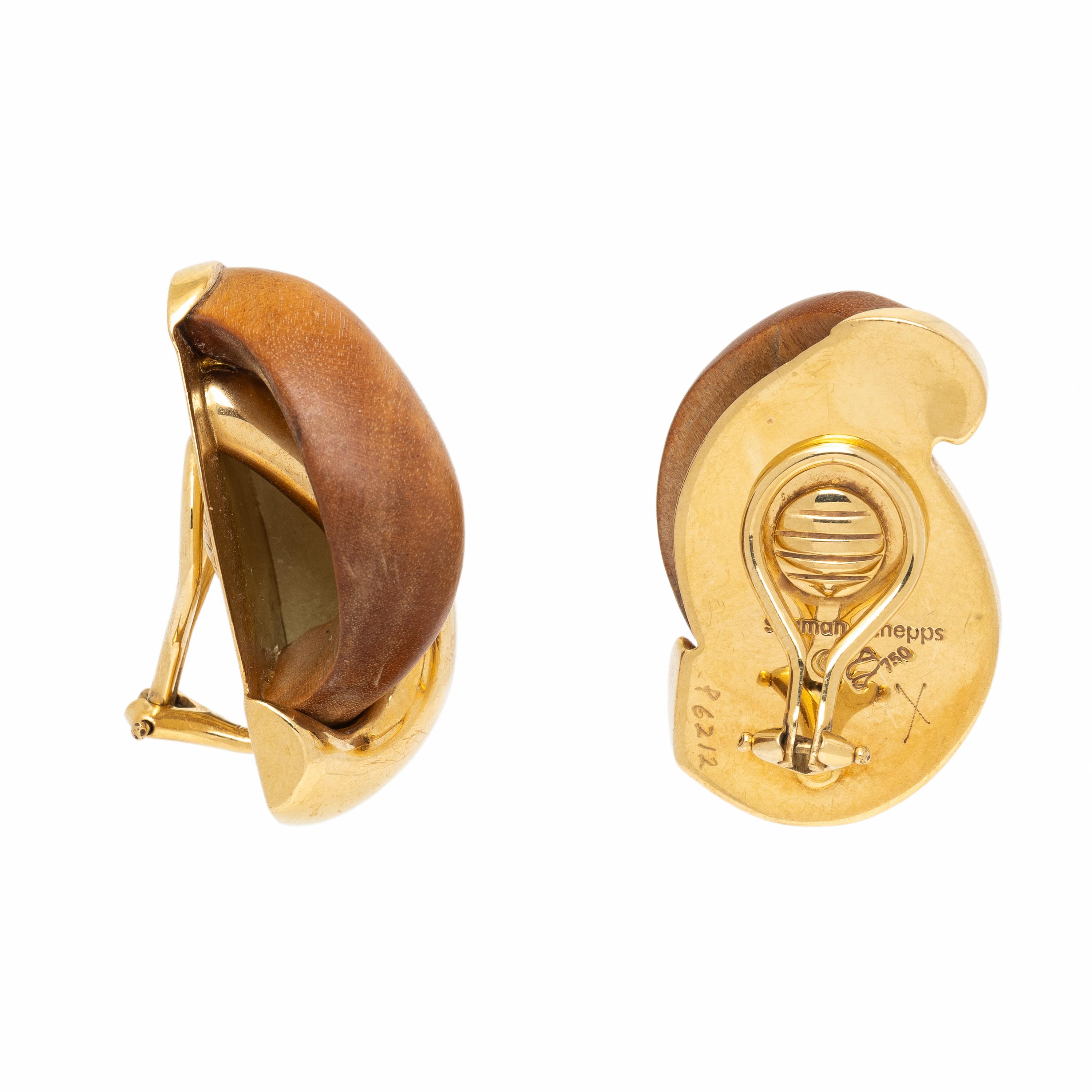 Seaman Schepps, Wood and Yellow Gold 'Half Link' Earrings