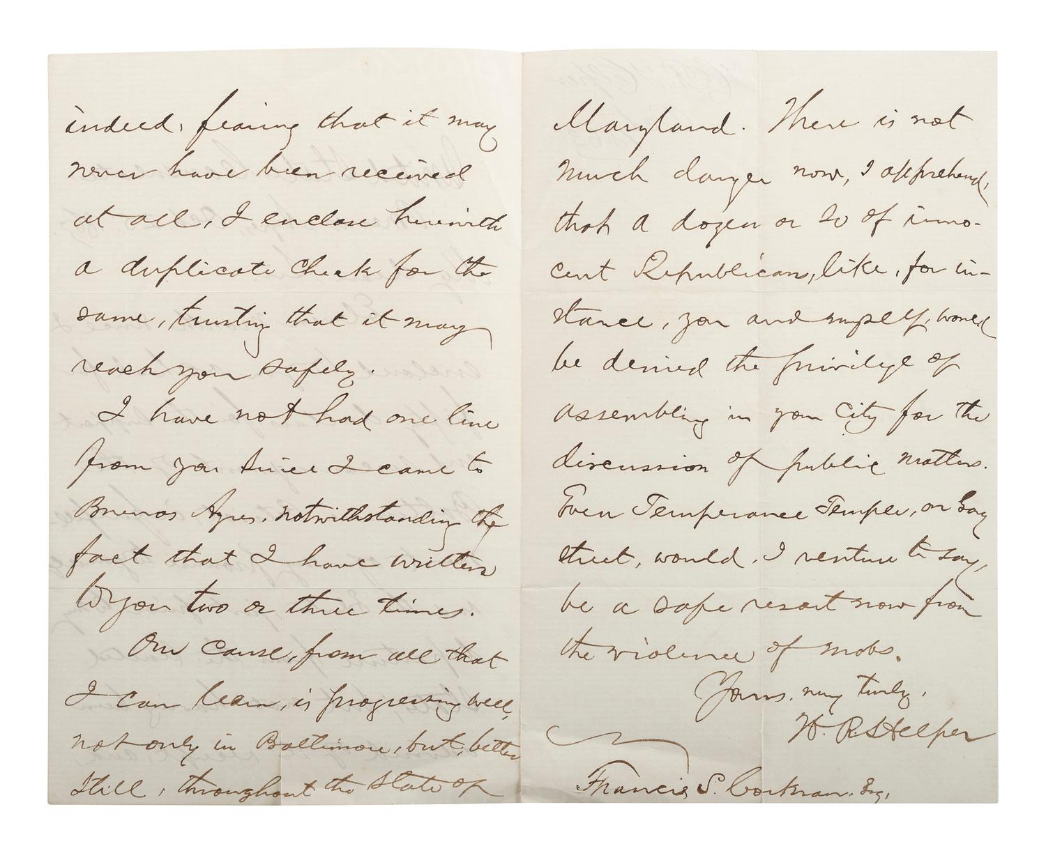 [SLAVERY & ABOLITION] -- [COCKRAN, Francis S. (1814-1886)]. Archive of letters to Maryland abolitionist and Underground Railroad supporter, comprising: