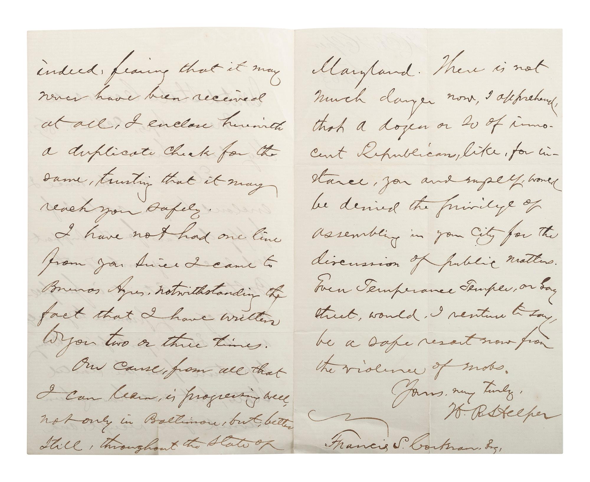 [SLAVERY & ABOLITION] -- [COCKRAN, Francis S. (1814-1886)]. Archive of letters to Maryland abolitionist and Underground Railroad supporter, comprising: