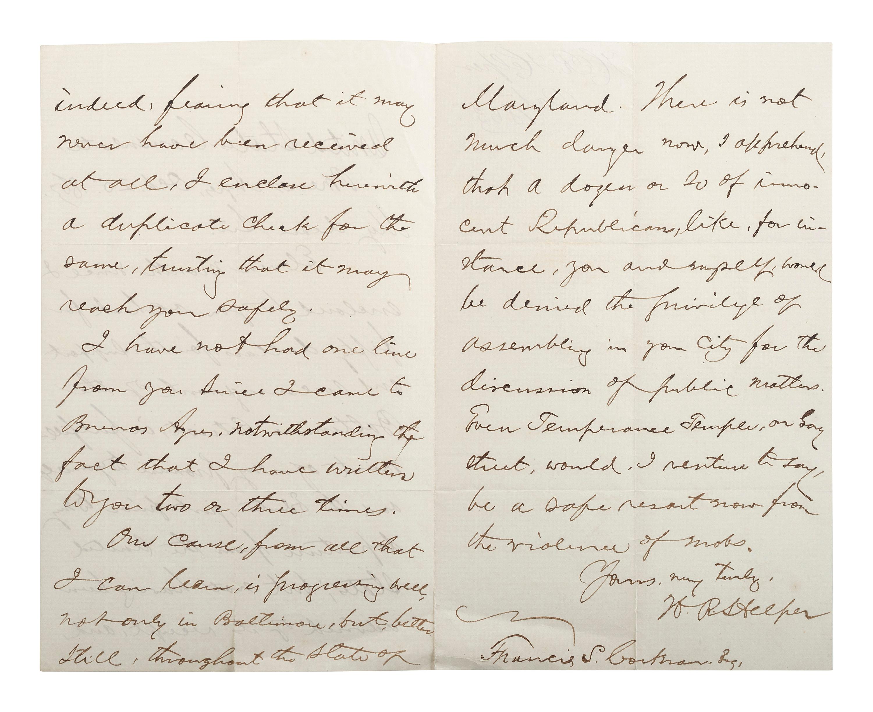[SLAVERY & ABOLITION] -- [COCKRAN, Francis S. (1814-1886)]. Archive of letters to Maryland abolitionist and Underground Railroad supporter, comprising: