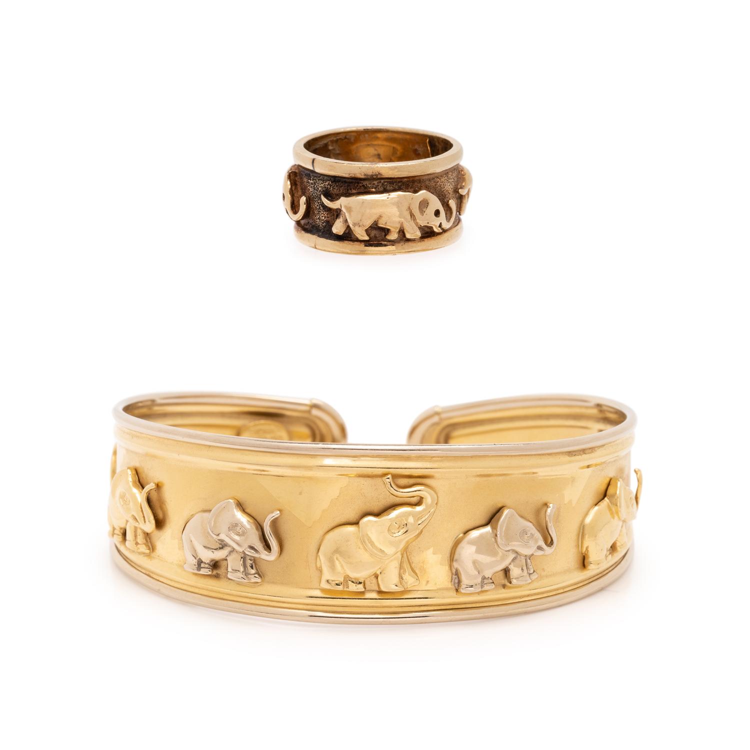 COLLECTION OF YELLOW GOLD ELEPHANT JEWELRY