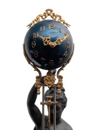 A Continental Cast Metal and Enameled Figural Pendulum Clock