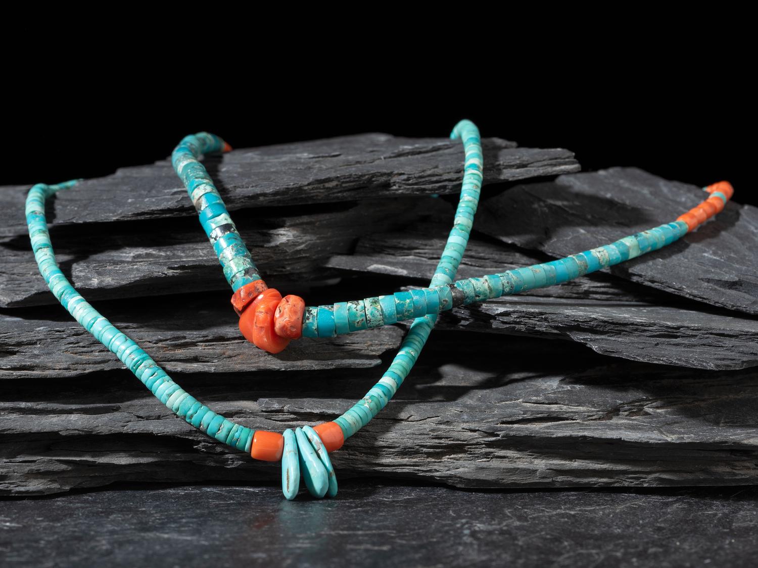 Pair of Pueblo Rolled Turquoise and Coral Single-strand Necklaces