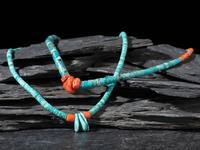 Pair of Pueblo Rolled Turquoise and Coral Single-strand Necklaces