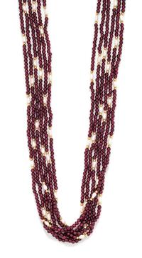 A 14 Karat Yellow Gold, Garnet, and Pearl Necklace, 106.10 dwts.