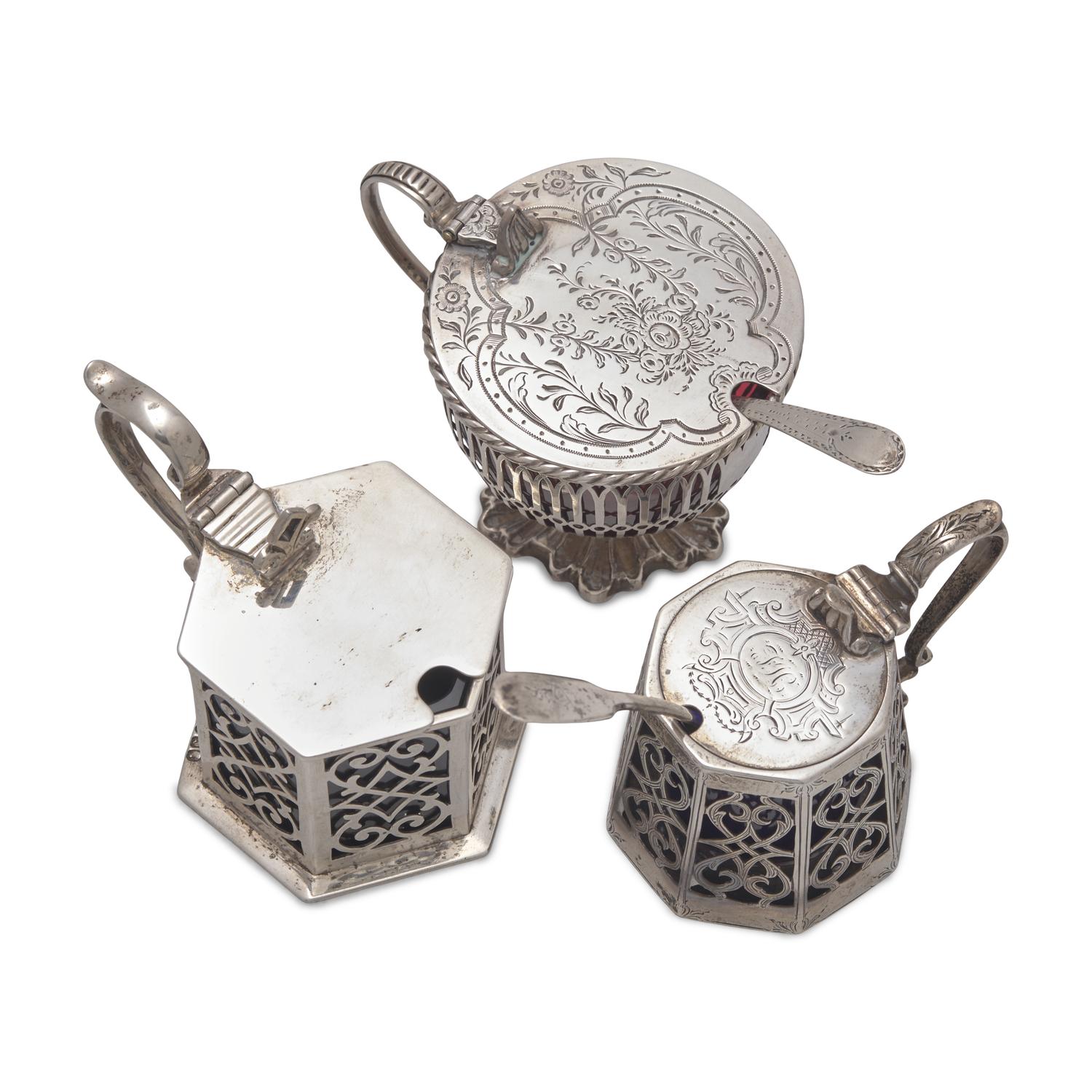 Three English Pierced Silver Mustard Pots and Two Silver Mustard Spoons