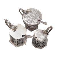 Three English Pierced Silver Mustard Pots and Two Silver Mustard Spoons