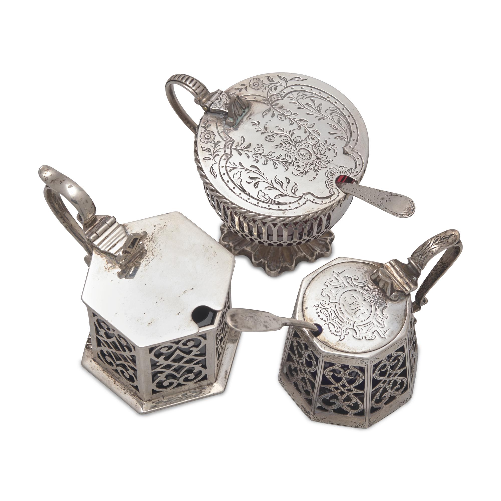 Three English Pierced Silver Mustard Pots and Two Silver Mustard Spoons