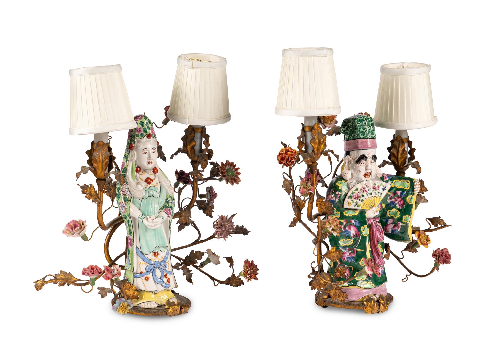 A Pair of Samson Porcelain Figures Mounted as Lamps