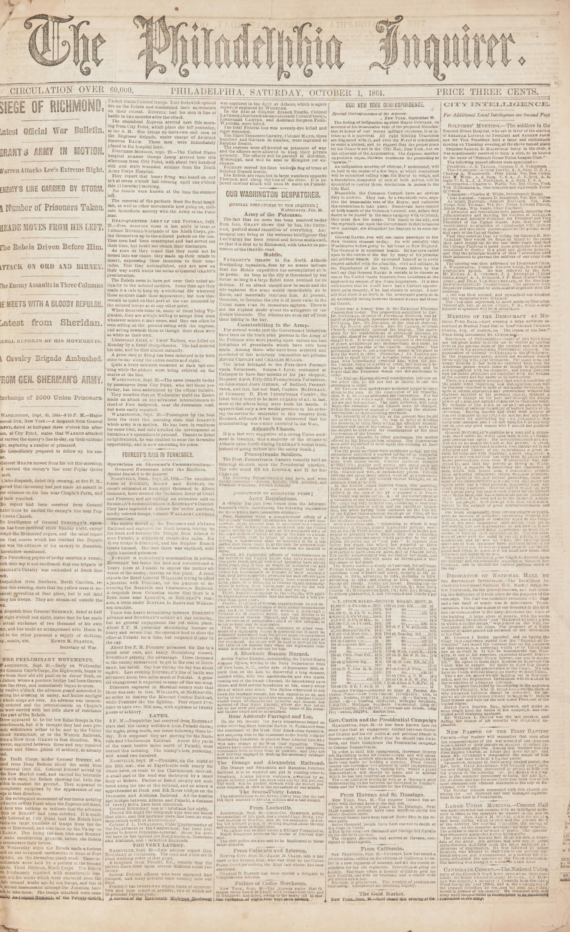 [Civil War] Bound Volume of Over 70 Issues of The Philadelphia Inquirer , October-December, 1864