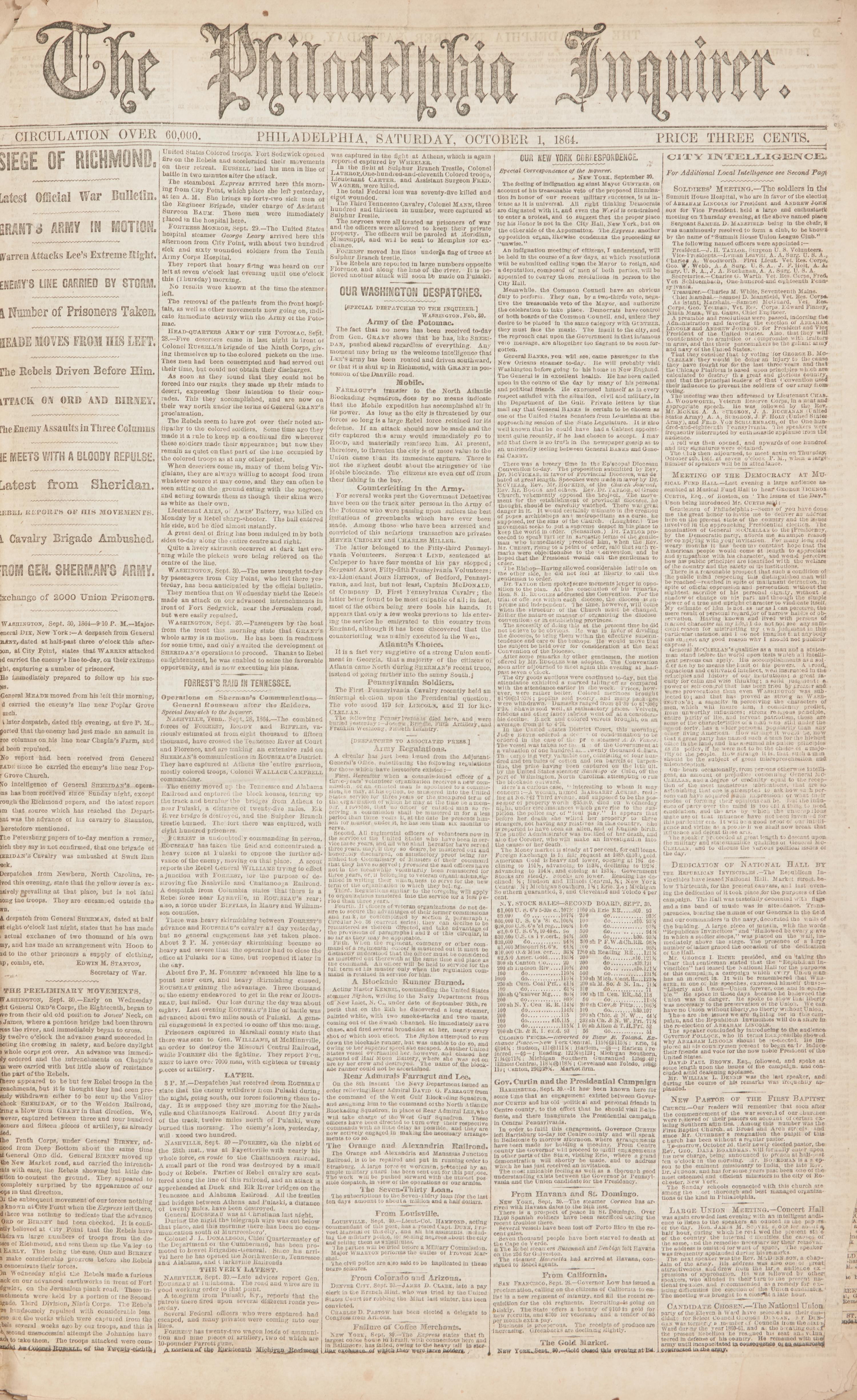 [Civil War] Bound Volume of Over 70 Issues of The Philadelphia Inquirer , October-December, 1864