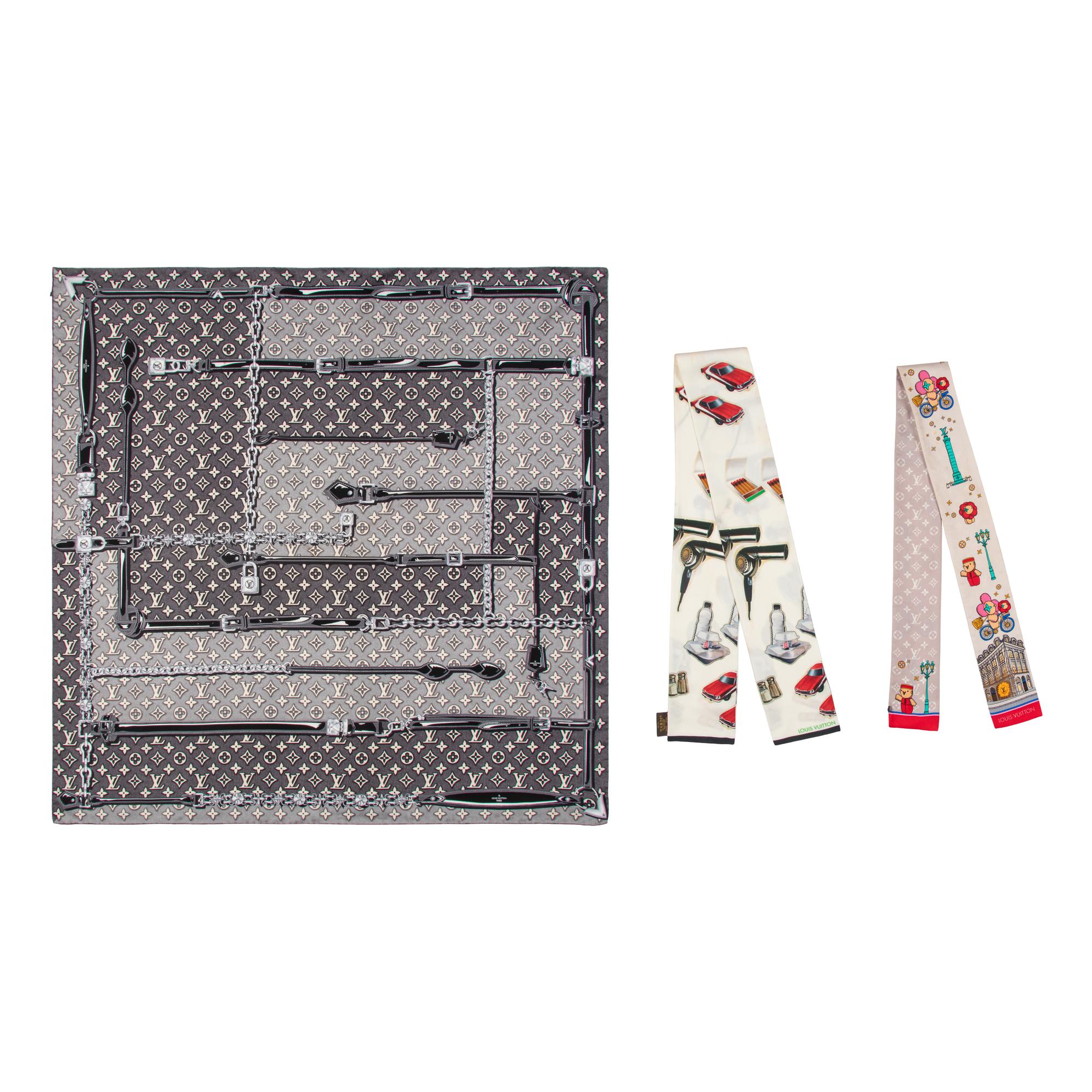 LOUIS VUITTON, THREE PRINTED SILK SCARVES