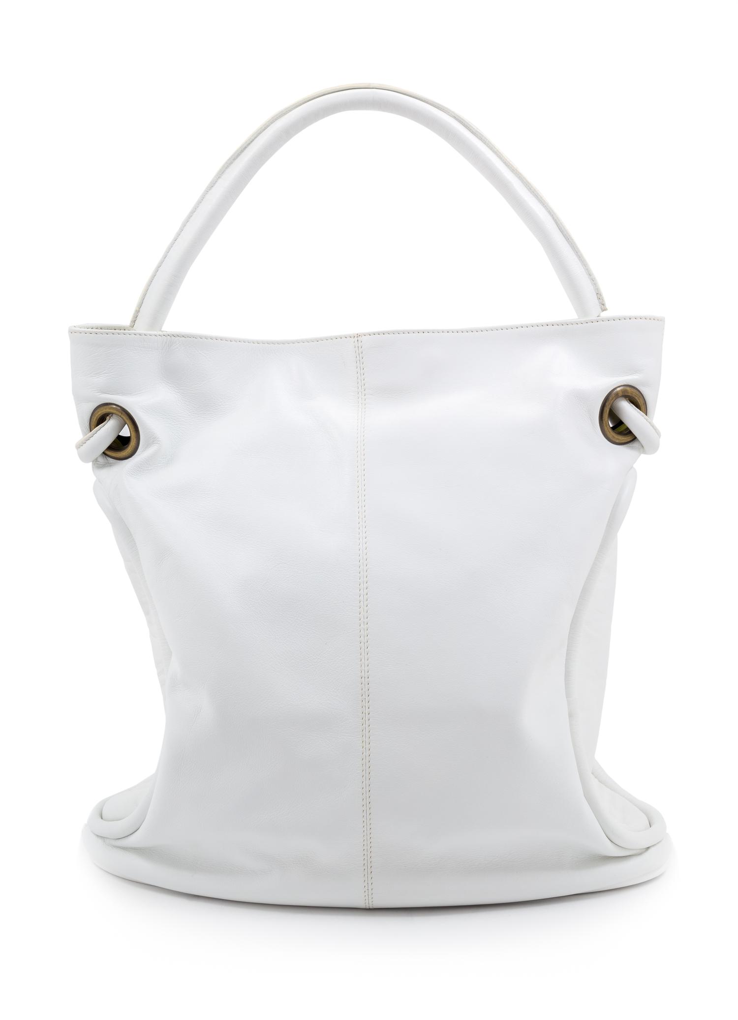 A Versace White Leather Bucket Bag, 13" H x 13" W x 5" D; Handle drop: 6.5".
