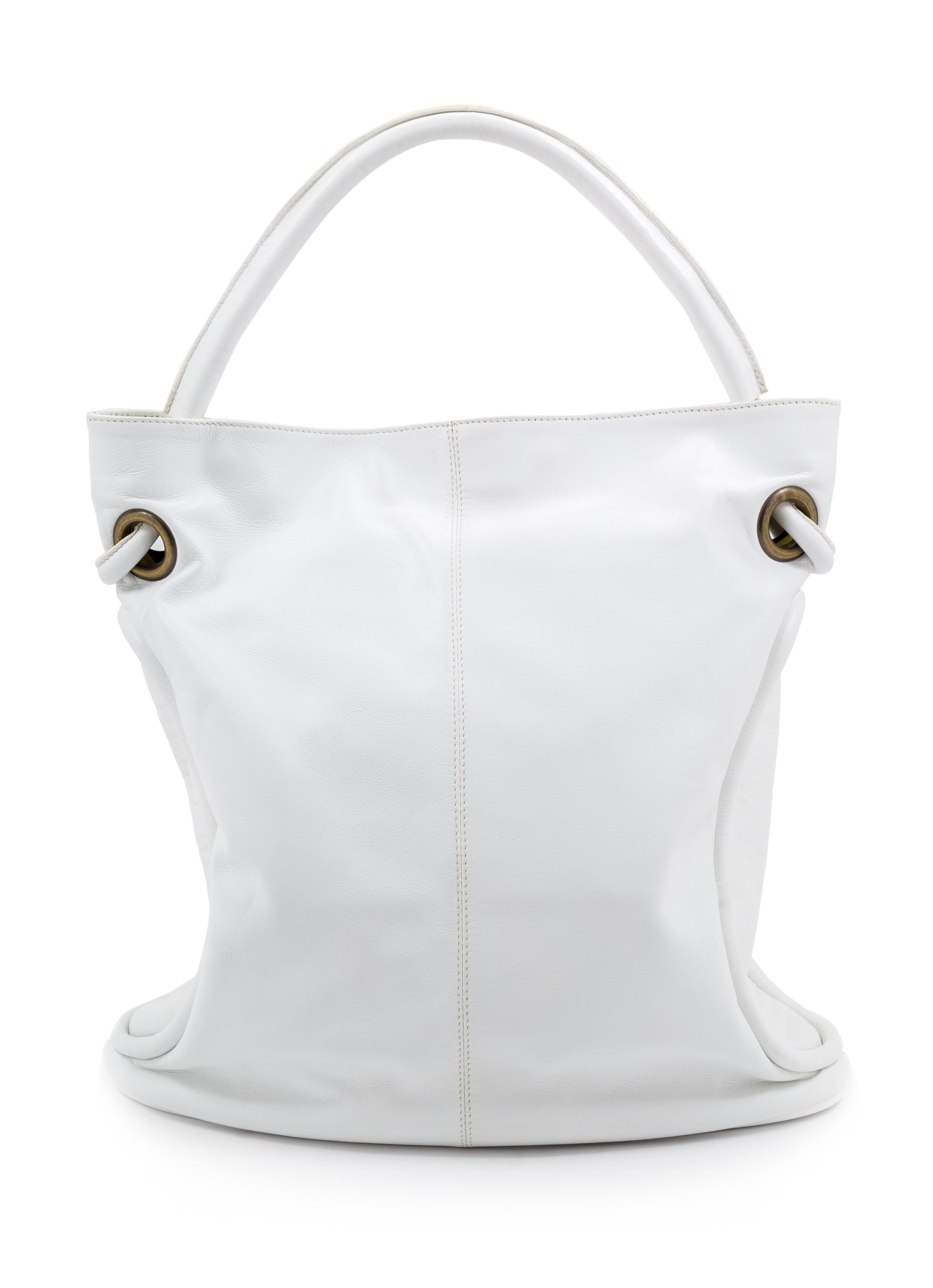 A Versace White Leather Bucket Bag, 13" H x 13" W x 5" D; Handle drop: 6.5".